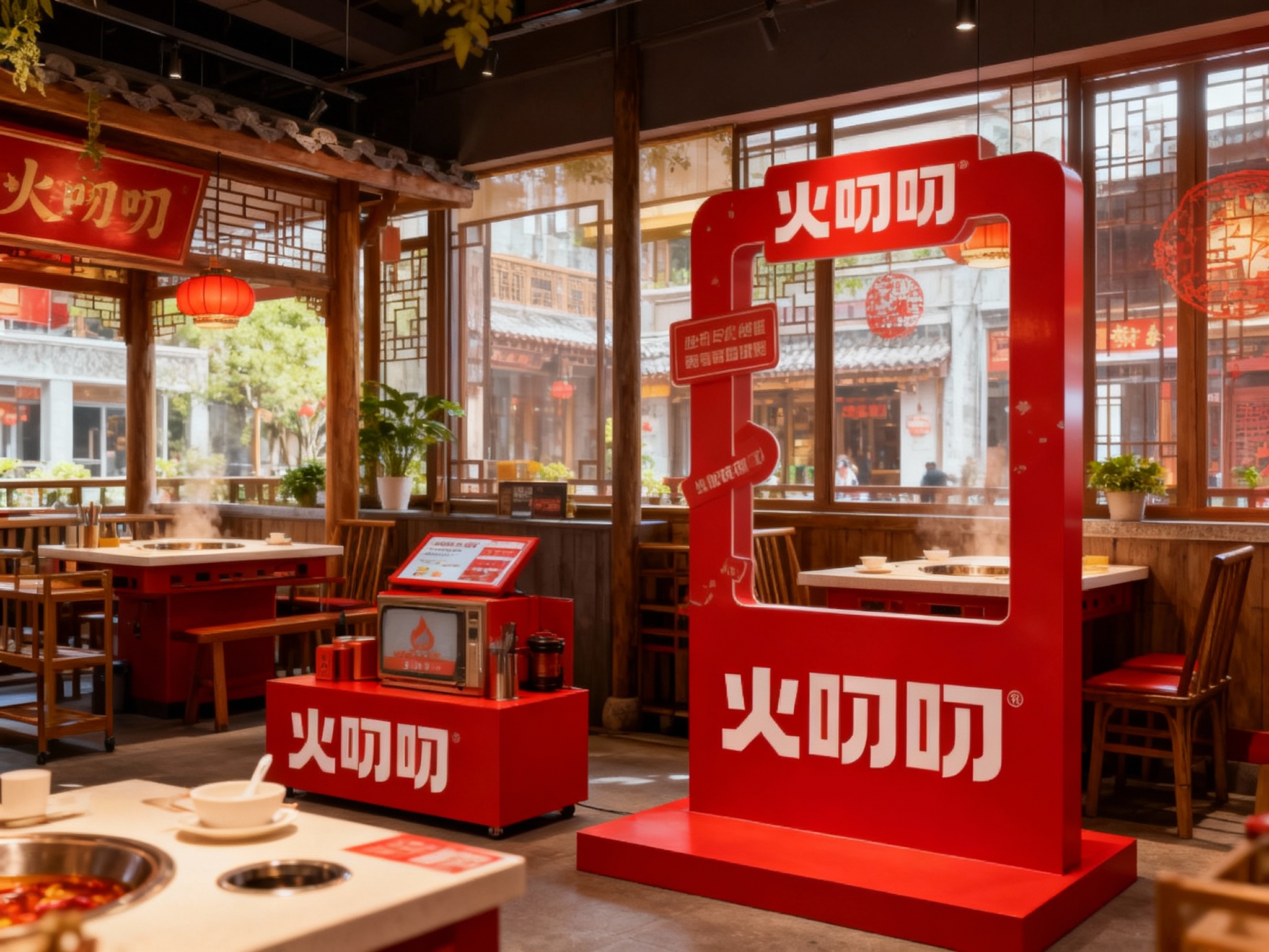 生成品牌体验区或火锅店内场景，展示品牌互动装置或店内拍照打卡点，（将参考图中的LOGO及品牌色配色）融入场景装修或物件，环境温馨有质感，光线自然通透。