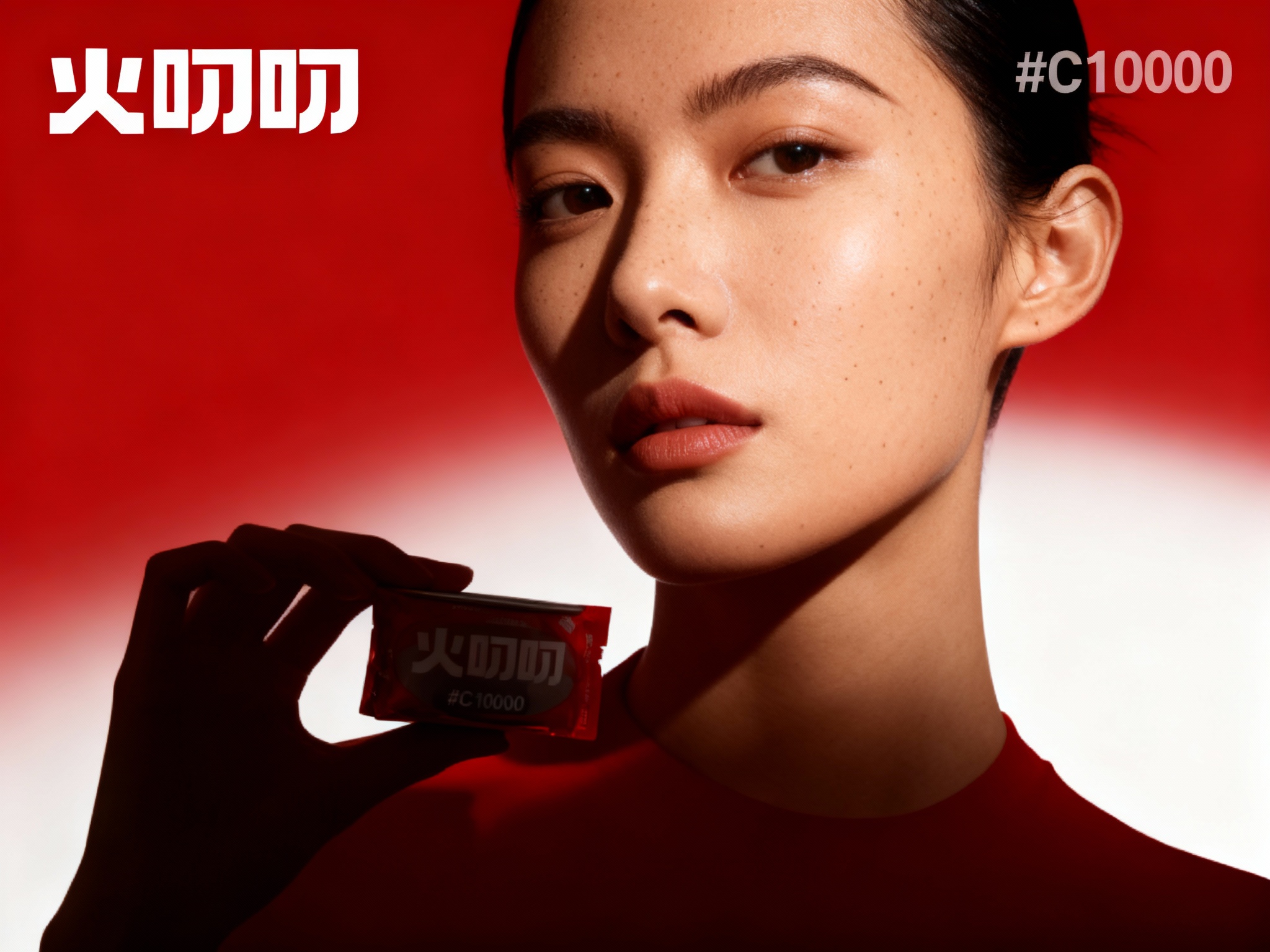 设计品牌海报，时尚剪影摄影风格，时尚大片，一个模特，穿着时尚#C10000服装手拿带有（将参考图中的LOGO）#C10000包装的精致火锅食材产品，（将参考图中的LOGO）位于左上角或右上角（根据实际情况设置不要遮挡人物），清晰的毛孔，肌肤真实细节，产品剪影，品牌色向白色渐变背景，特写镜头，平视视角，高清分辨率，高细节