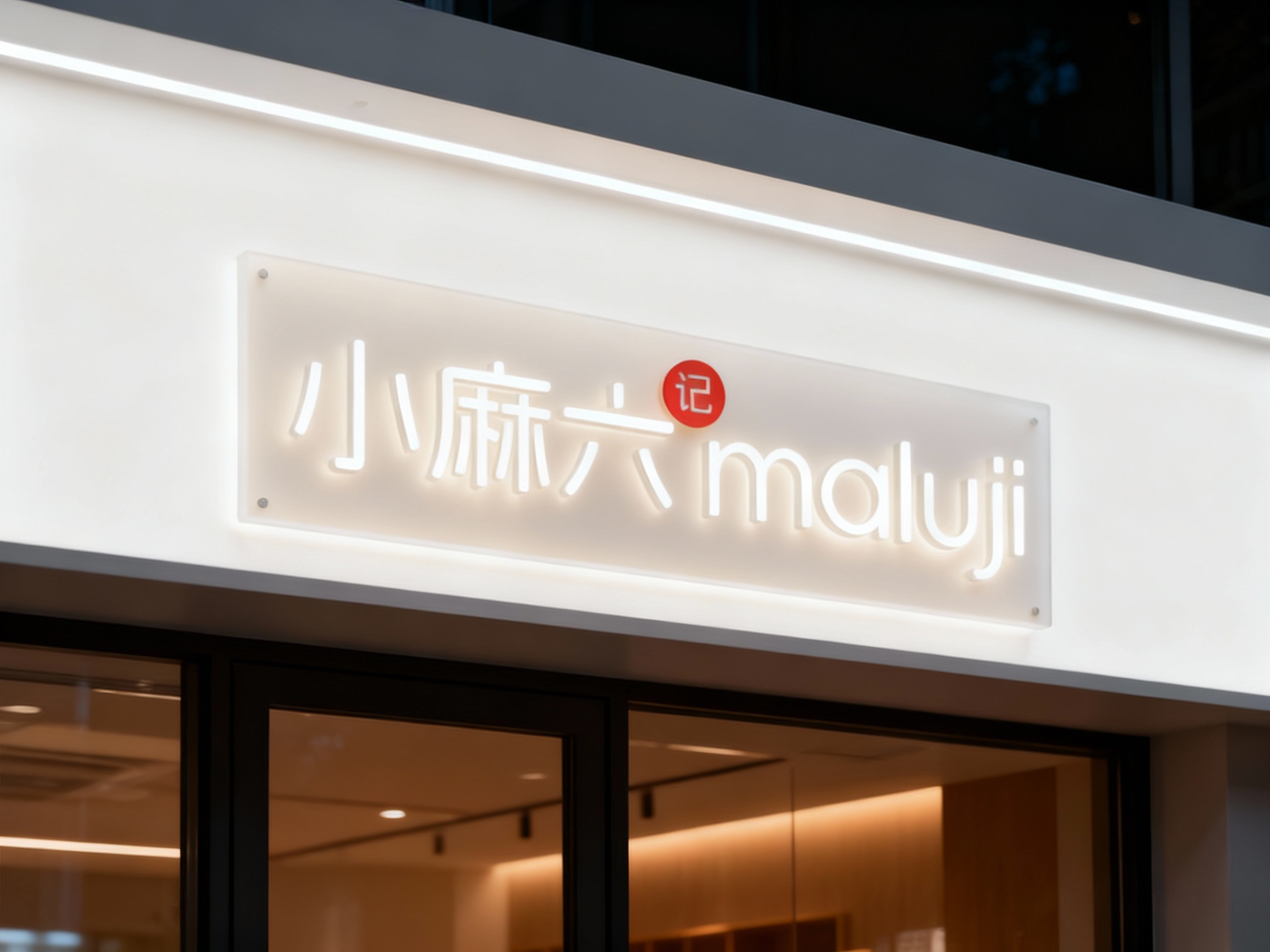亚克力背光门头特写，LOGO采用双层亚克力板（外层哑光+内层透光），内置隐藏式LED灯带，安装于极简白色铝型材无缝门头上，底板无外露线路或连接件，黑夜场景，LOGO柔和发光，边缘平整无毛刺，质感高级