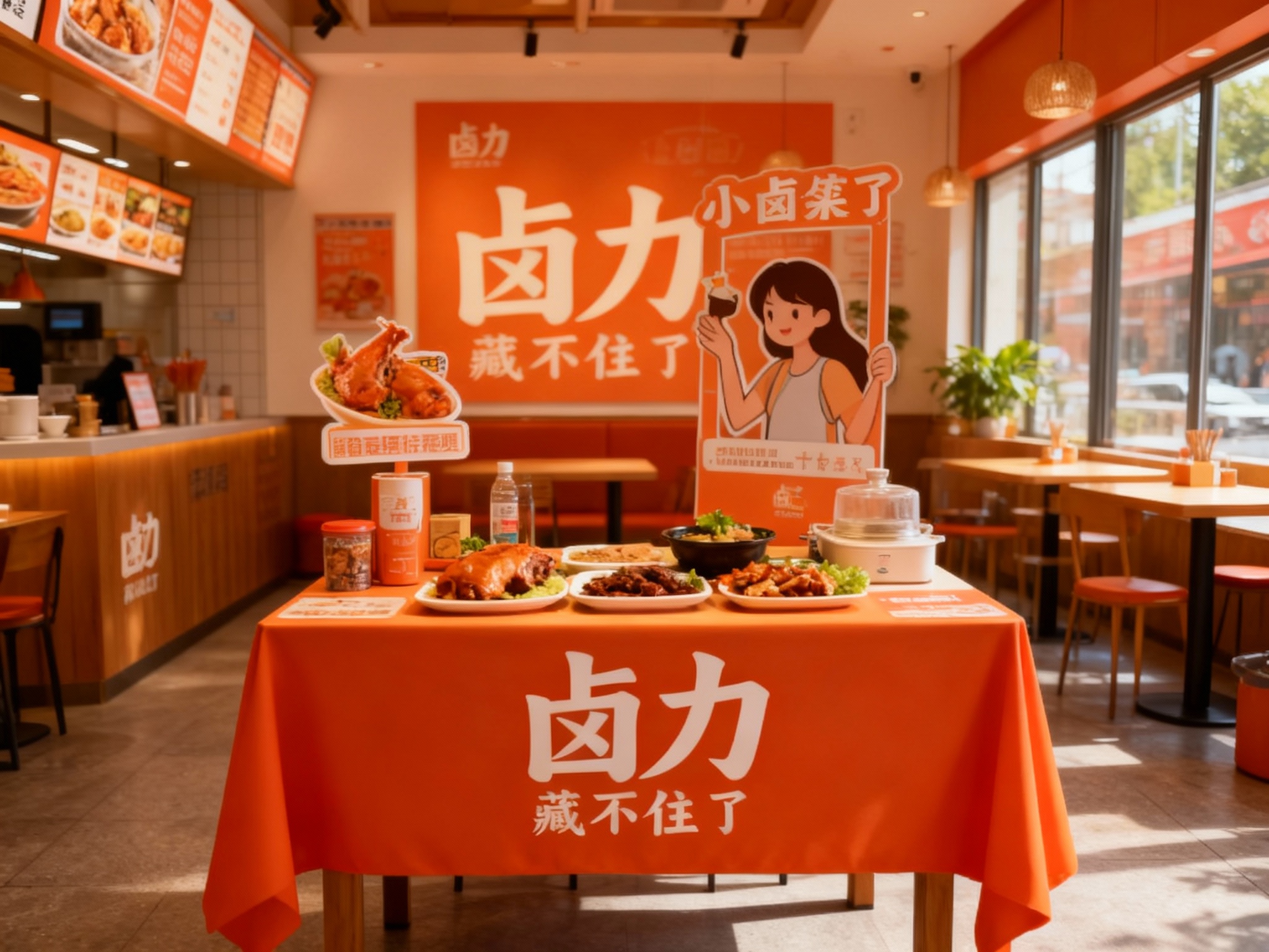 生成品牌体验区或小型卤菜桌场景，展示品牌互动装置或店内拍照打卡点，（将参考图中的LOGO及品牌色配色）融入场景装修或物件，环境温馨有质感，光线自然通透。