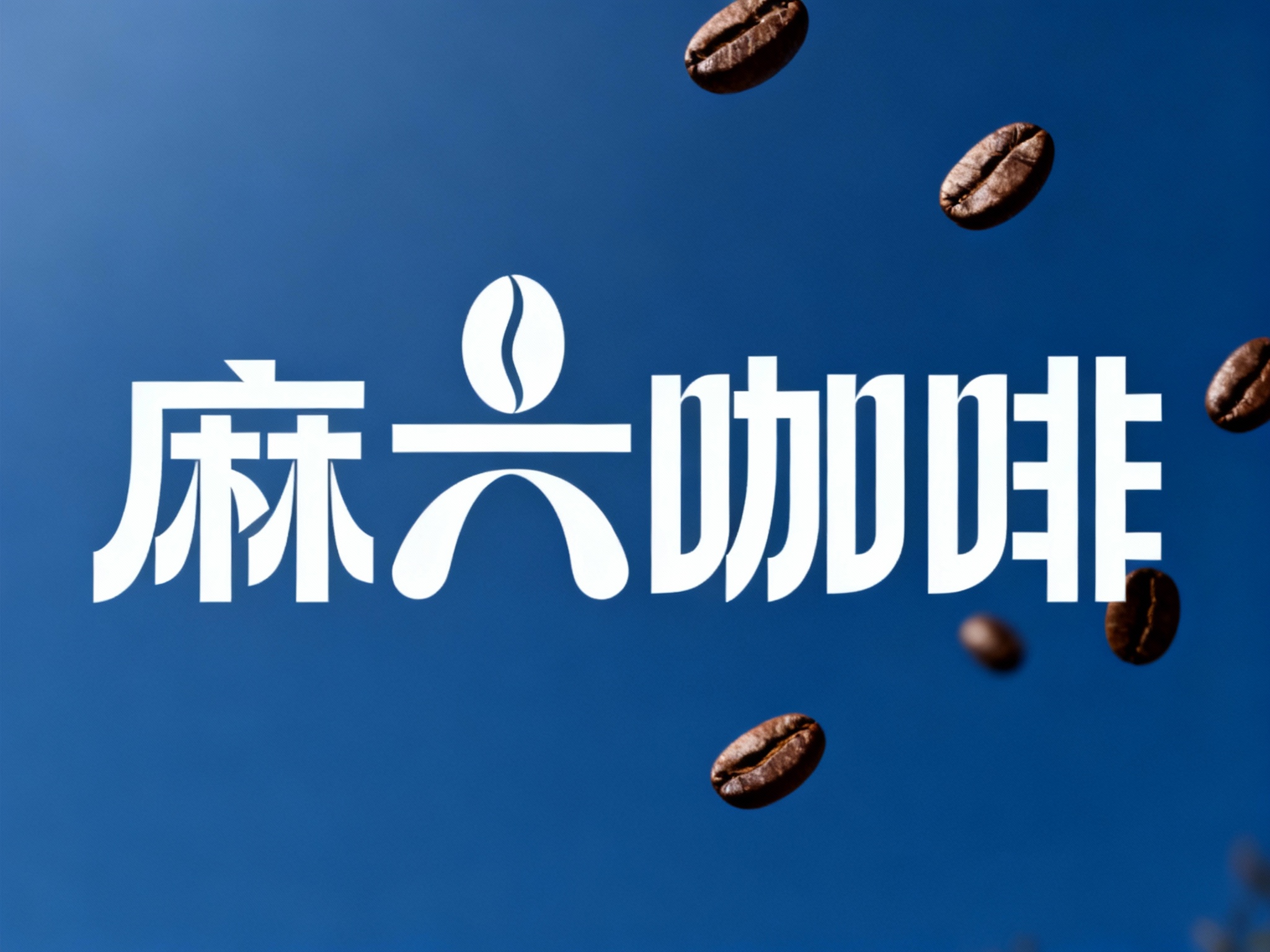 东方美学写实封面大片，几粒非常精致的咖啡豆漂在空中品牌色背景。整个画面呈现仰拍的摄影视角，将咖啡豆线（将参考图中的LOGO）形状完美呈现，仿佛在讲述一个关于时尚与独立的故事。