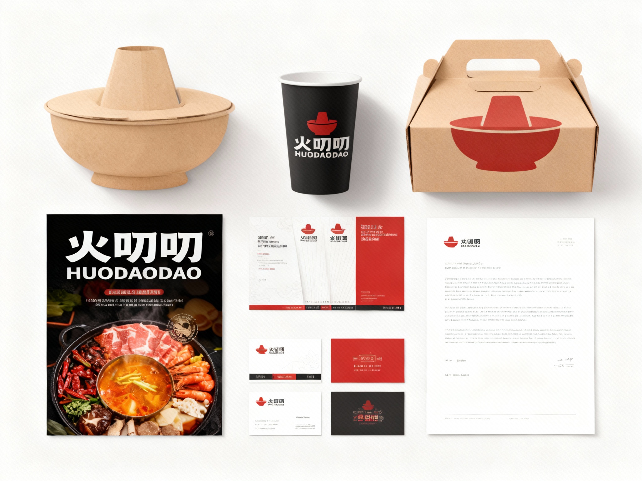 生成火锅产品展示图，品牌VI展示，它包括纸质锅、外带盒、水杯、纸盒、印刷海报、名片、小册子、信纸设计、纯色、简单的背景、平面布局和融合美学、高分辨率摄影、高质量细节、高细节，顶级商业表现形式延续品牌色调，（将参考图中的LOGO 保持一致不要出现变形）在相应载体上合理呈现，突出火锅食材品质与品牌形象。