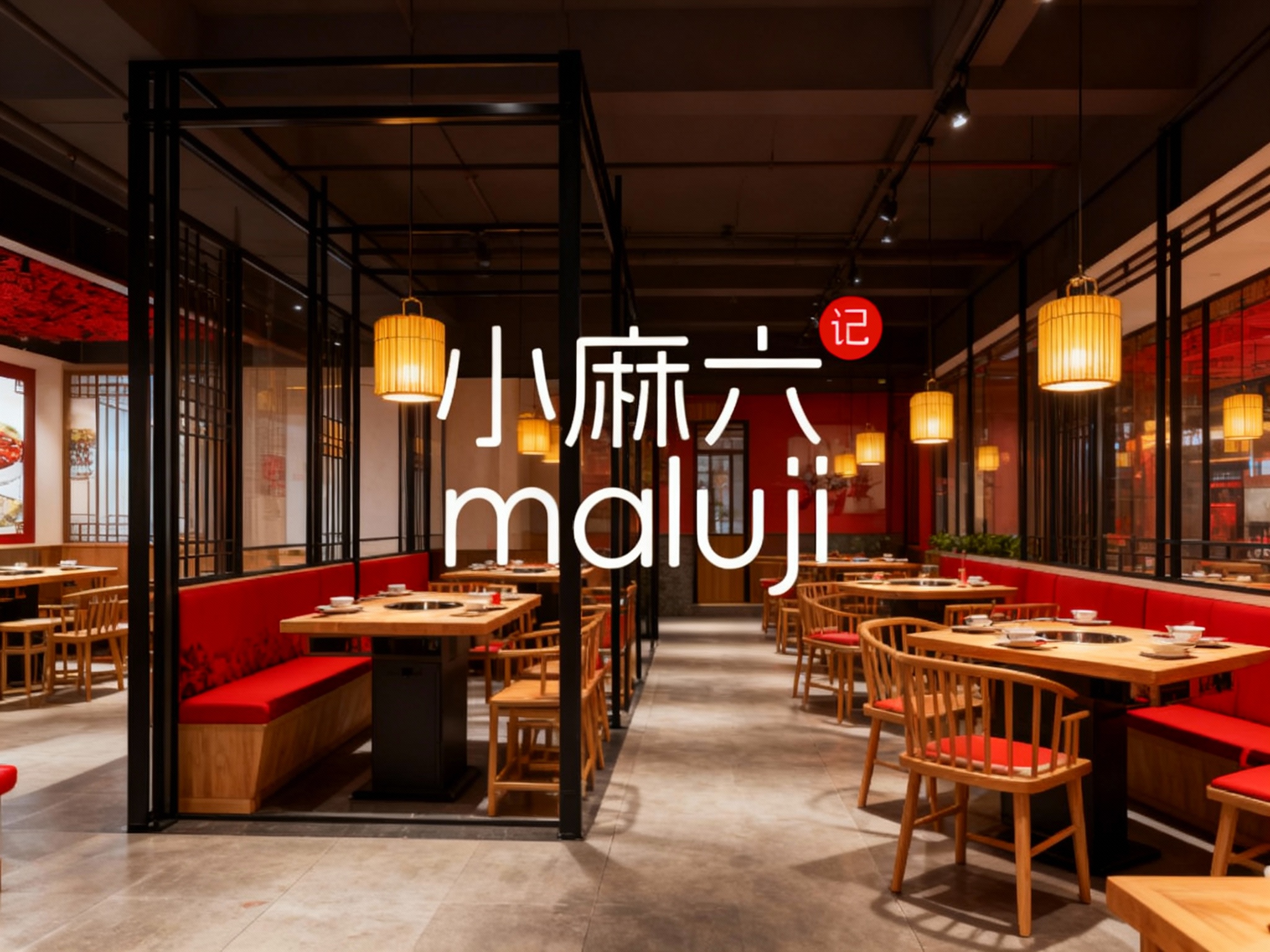 设计餐厅内部空间效果图，融合川味麻辣氛围与现代设计，使用黑色金属框架、暖黄色吊灯、原木色桌椅，局部红色软装点缀，空间布局通透，体现年轻时尚与东方质感。