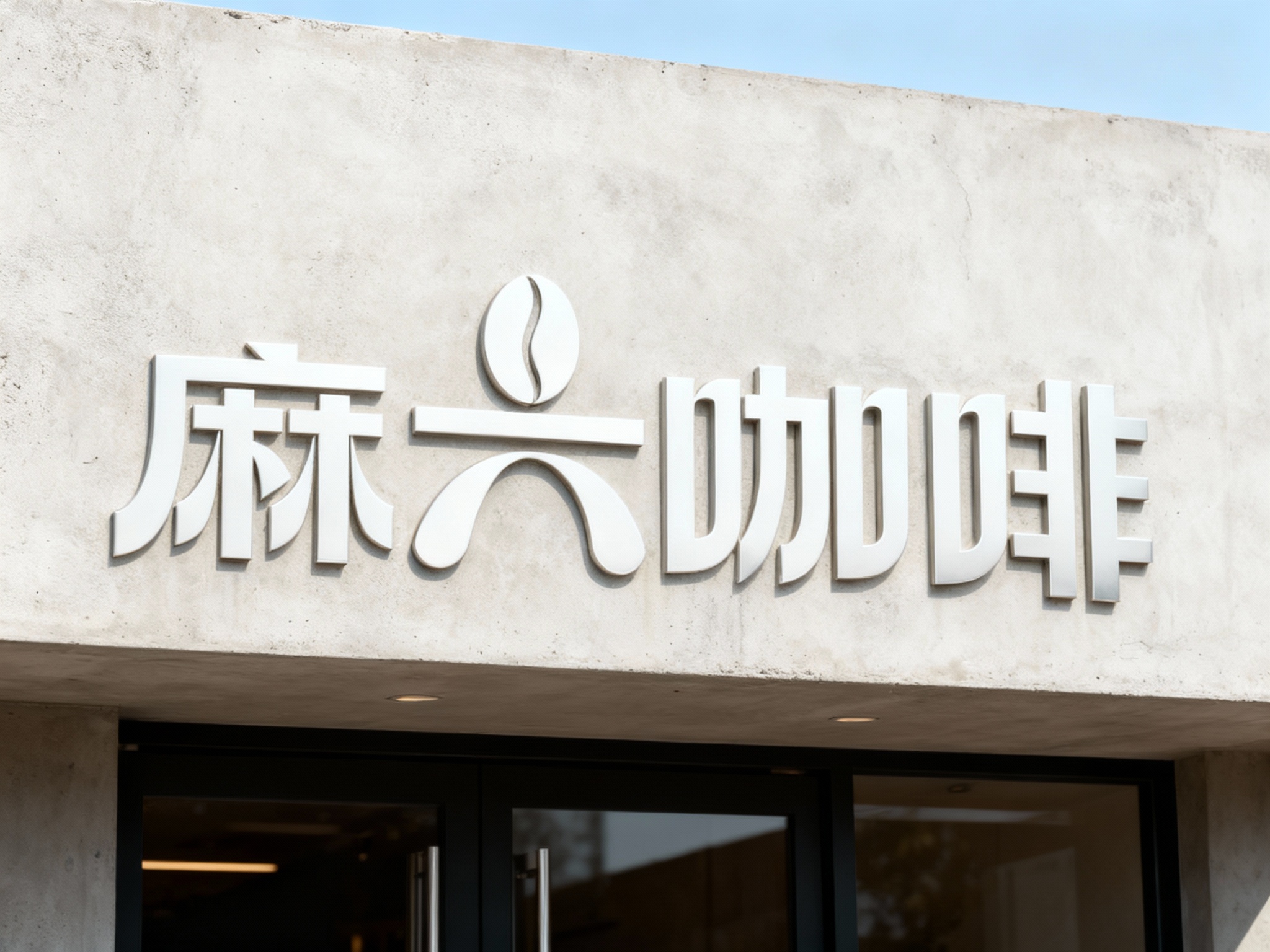 极简水泥漆门头特写，墙面采用艺术水泥漆平涂工艺，底板光滑无颗粒感，LOGO以白色哑光金属贴片嵌入式固定，无点焊痕迹，表面做防指纹处理，白天自然光下，水泥质感细腻与金属光泽形成对比，适配小众高端咖啡门店