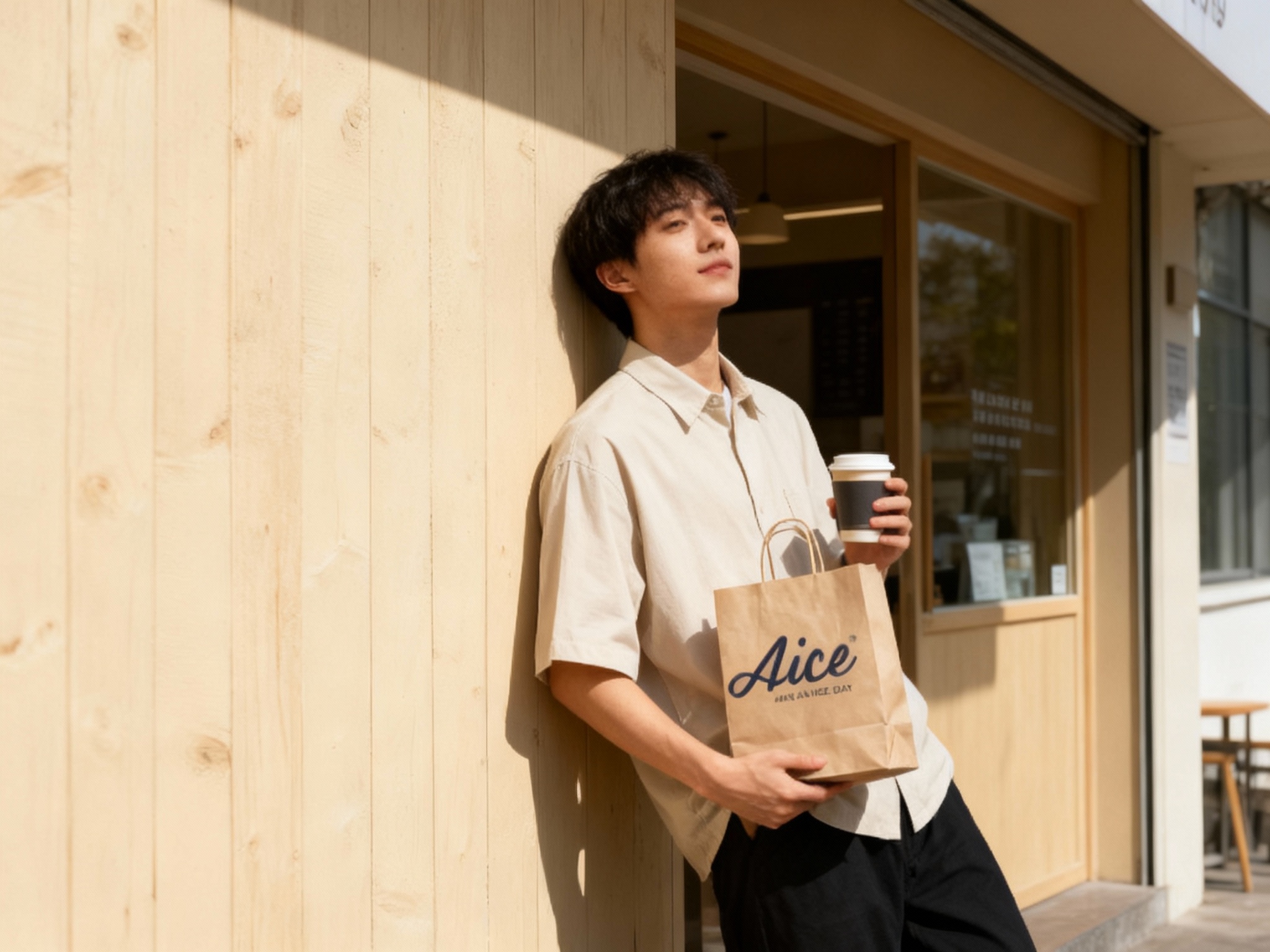 模特时尚探店风格。一位穿着简约日系或City Boy风格的年轻人，手里拿着印有（智能提取参考图中的LOGO主体并去除原背景）的外带纸袋或咖啡杯，随意地靠在面馆门口的米色木墙上。阳光打在脸上，背景是极简的店铺外观，展现“吃面也可以很时尚”的生活态度.
