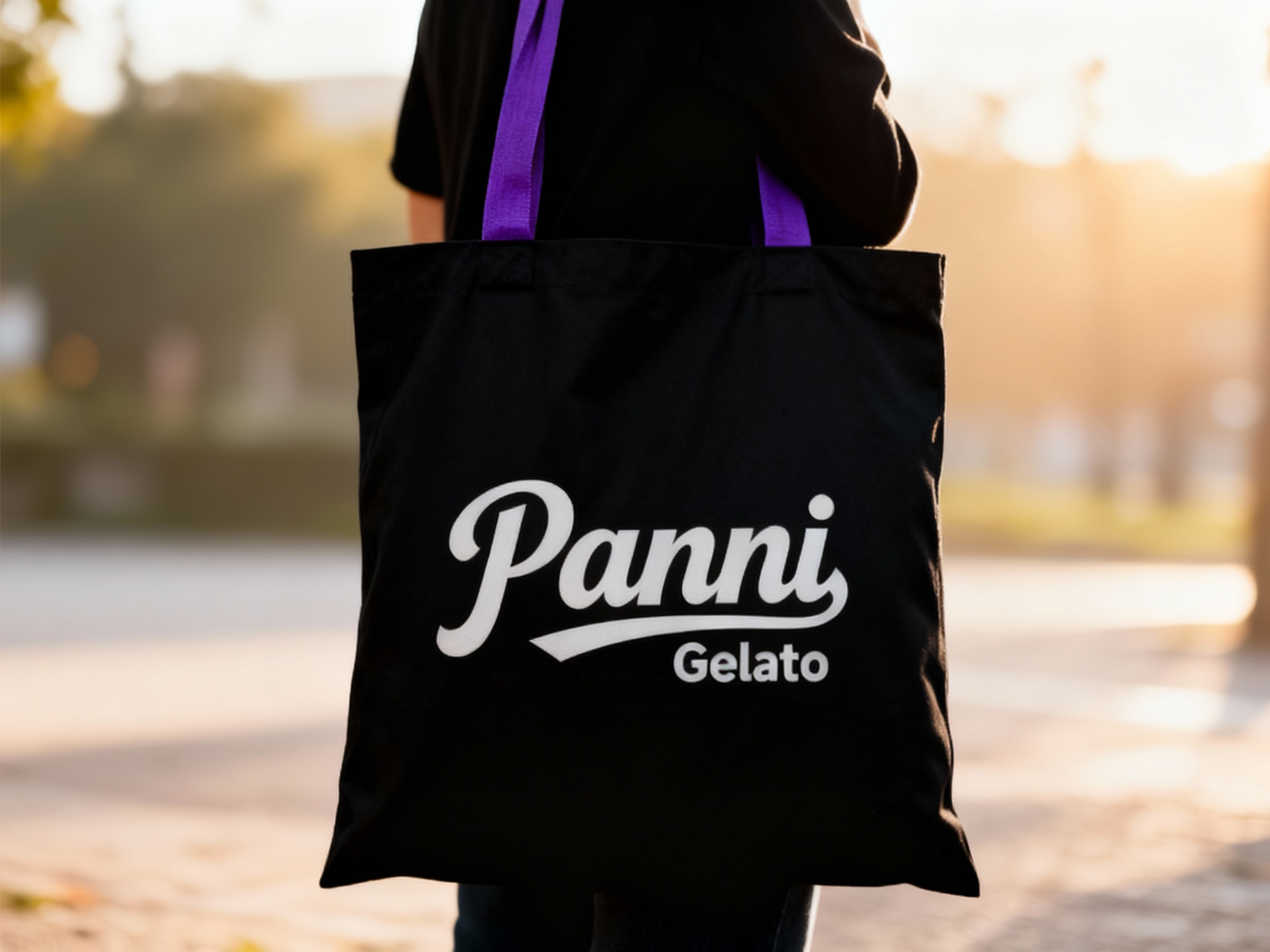 一个人背着黑色手提袋，品牌色肩带点缀（将参考图中的LOGO保持一致性不要变形）在手提袋上清晰可见，营造时尚、有品牌标识性的氛围，可展示潮流品牌的手提袋设计及实际使用效果，LOGO位于手提袋正面，肩带为品牌色，背景为户外场景，带有柔和的自然光线。