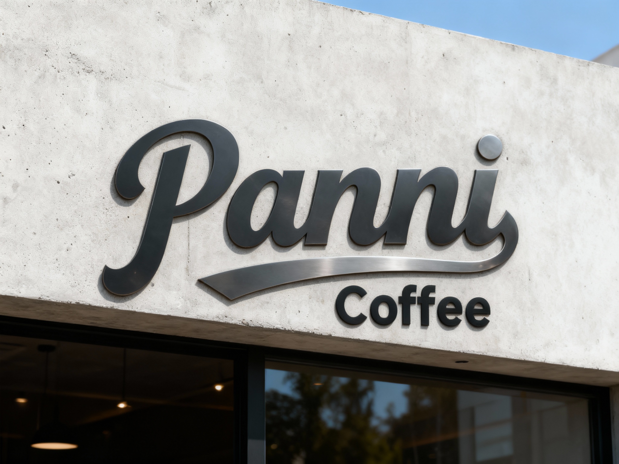 极简水泥漆门头特写，墙面采用艺术水泥漆平涂工艺，底板光滑无颗粒感，LOGO以哑光金属贴片嵌入式固定，无点焊痕迹，表面做防指纹处理，白天自然光下，水泥质感细腻与金属光泽形成对比，适配小众高端品牌门店