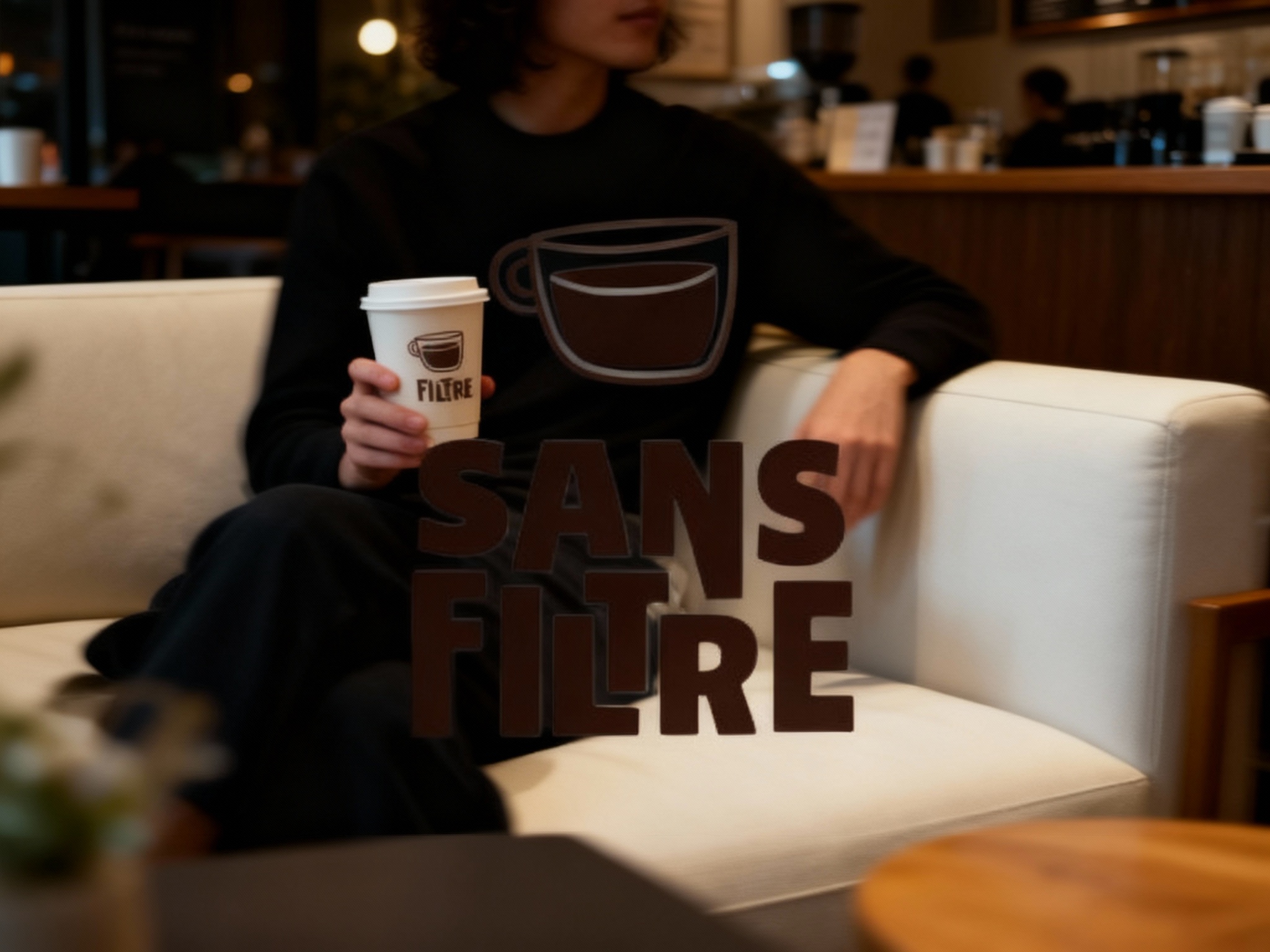 设计社交分享场景图，顾客手持带有（将参考图中的LOGO）的咖啡拍照，咖啡厅场景中（将参考图中的LOGO）融入装修或物件，场景抓拍，独特的拍摄角度，非对称，动态模糊，低光环境，意境，自然色彩，丰富层次感，细腻画质，真实，光影变幻，虚化柔和过渡，胶片质感，电影质感，大师作品，光影自然，突出品牌时尚感和年轻气质，顾客可坐在米白色的沙发上，手持印有LOGO的纸杯，背景为店内简约的装修风格。