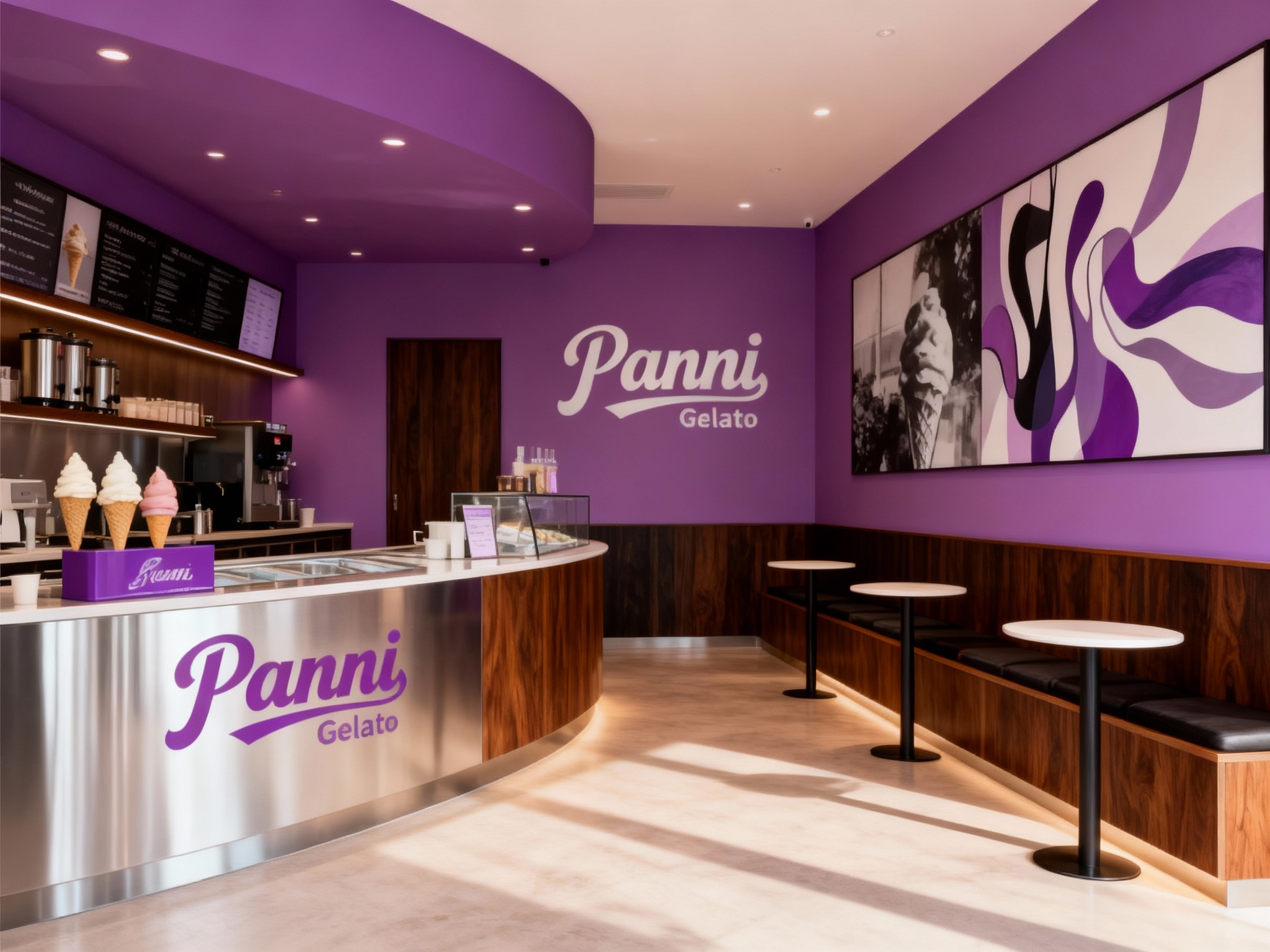 设计冰淇淋店内空间效果图统一用主色 #紫色 ，展示吧台、座位区、墙面装饰高级抽象插画或黑白摄影，运用黑胡桃木搭配银色不锈钢材质（将参考图中的LOGO）融入场景装修或物件中，光线温暖自然，突出空间舒适感与现代质感。