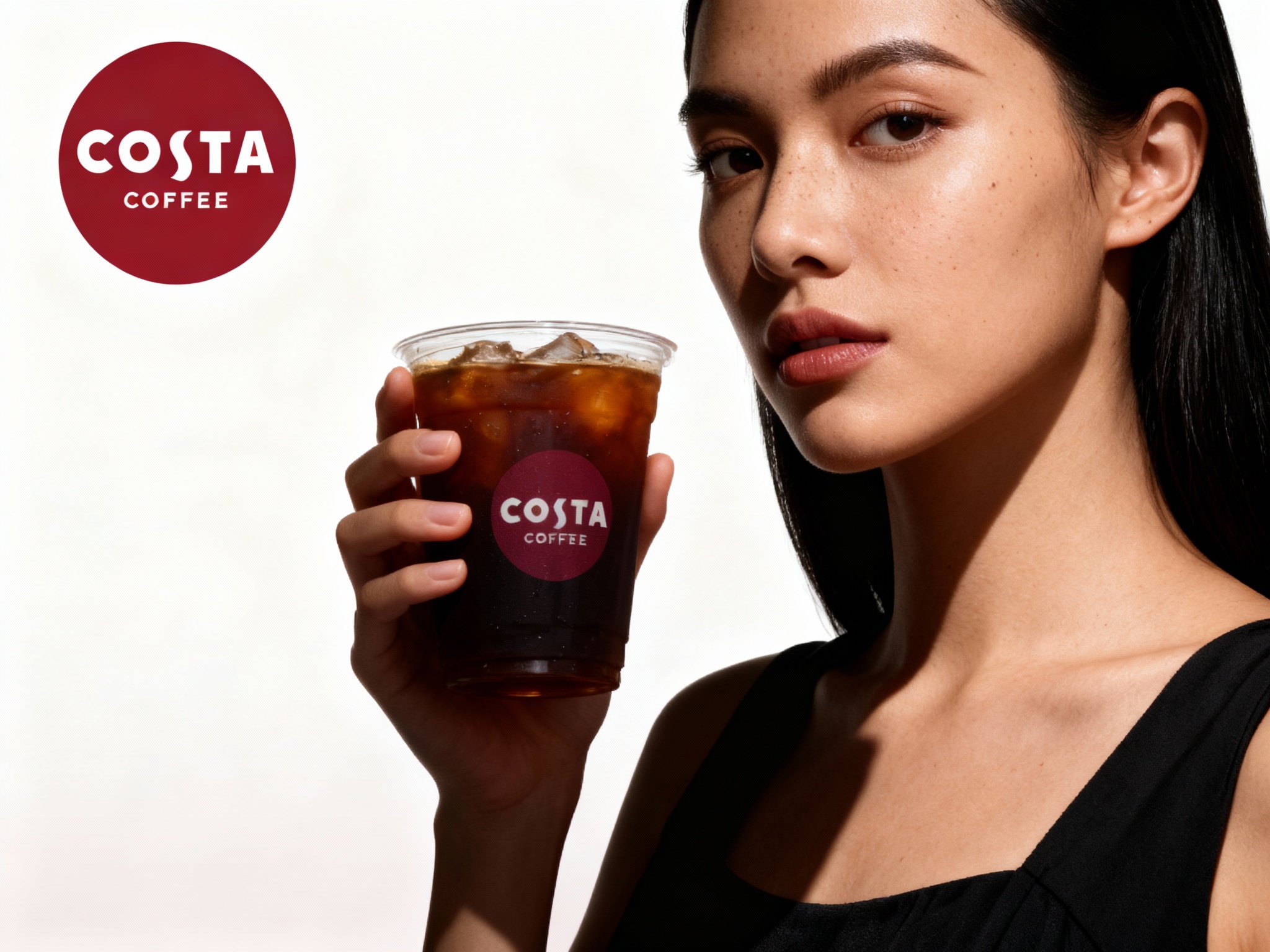 设计品牌海报，时尚剪影摄影风格,时尚大片,一个女生模特,穿着时尚黑色服装手拿带有（将参考图中的LOGO）的冰美式咖啡，（将参考图中的LOGO）位于左上角或右上角（根据实际情况设置），清晰的毛孔,肌肤真实细节,产品剪影,品牌色向白色渐变背景,特写镜头,平视视角,高清分辨率,高细节