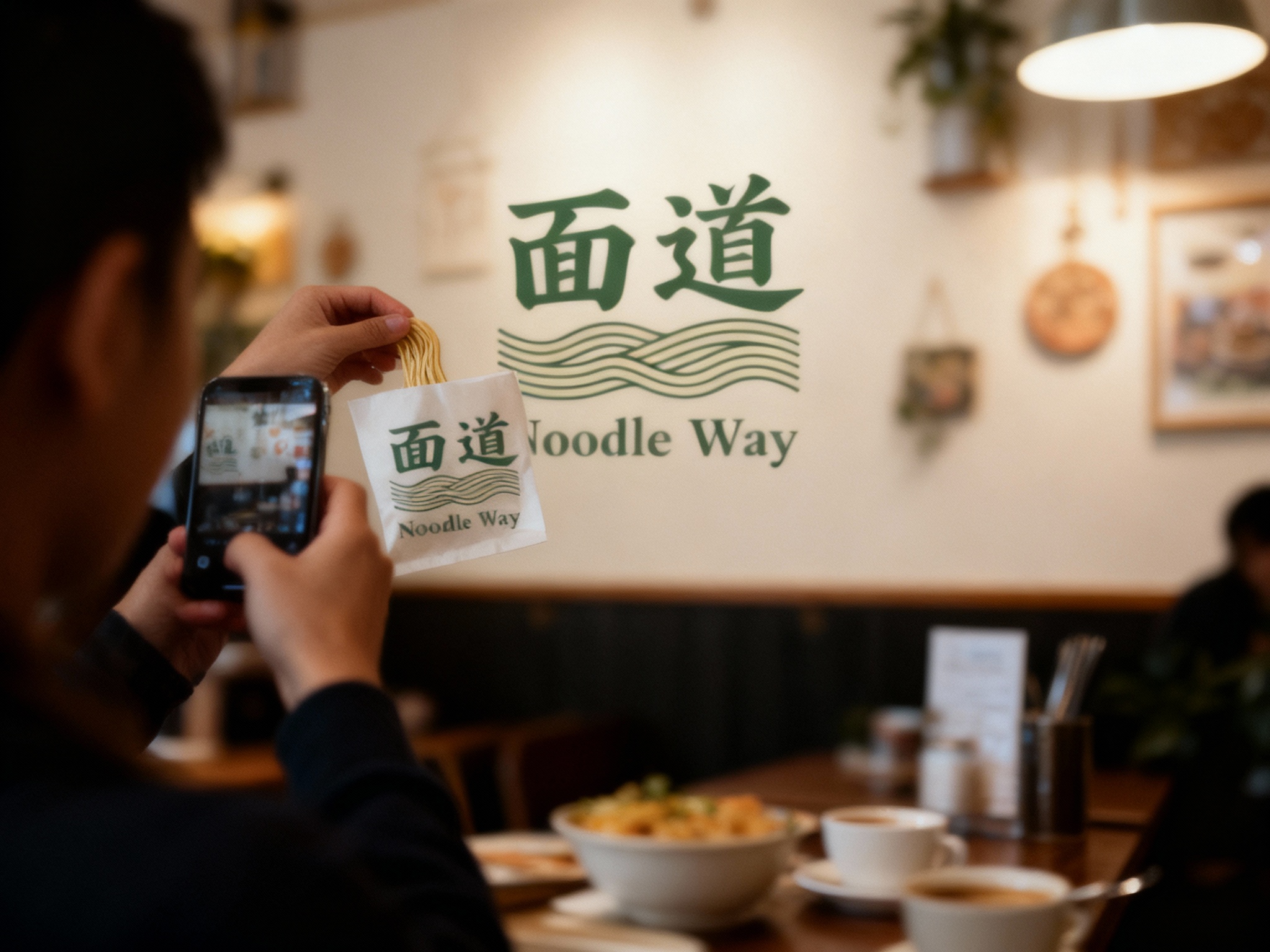 设计社交分享场景图，顾客手持带有（将参考图中的LOGO）的面条拍照，咖啡厅场景中（将参考图中的LOGO）融入装修或物件，场景抓拍，独特的拍摄角度，非对称，动态模糊，低光环境，意境，自然色彩，丰富层次感，细腻画质，真实，光影变幻，虚化柔和过渡，胶片质感，电影质感，大师作品，光影自然，突出品牌时尚感和年轻气质。