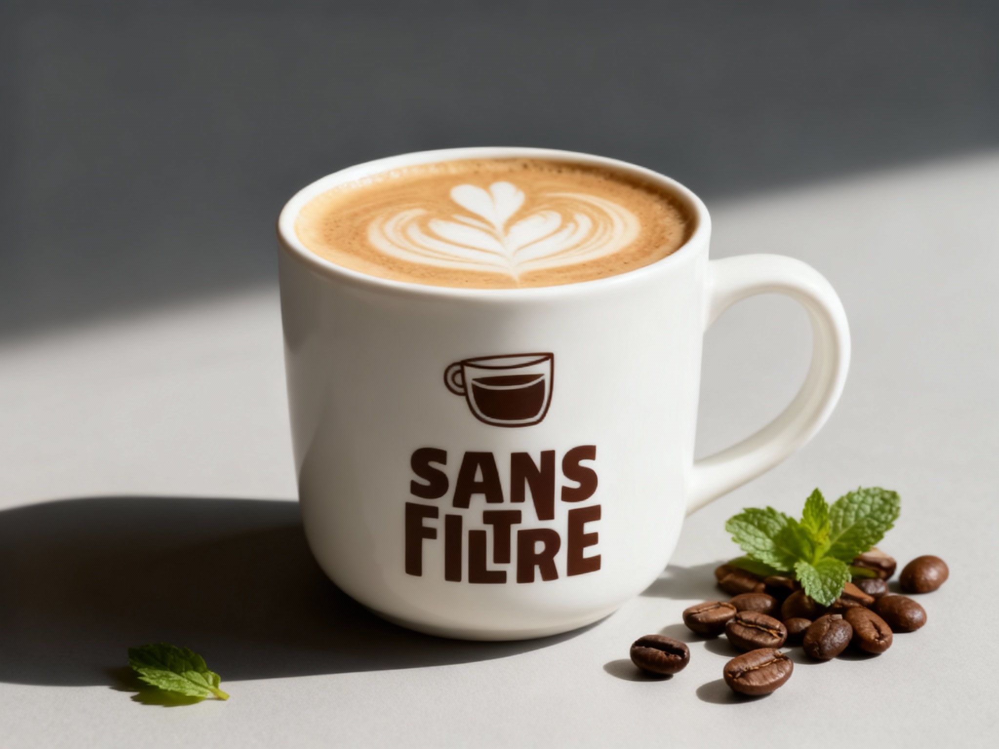 生成高级INS风格咖啡产品展示场景图。主体为一杯拉花拿铁，使用简约白色陶瓷杯，杯身采用釉下彩工艺将图1的LOGO元素自然融入杯身设计，呈现细腻的质感。背景采用莫兰迪浅灰色渐变，搭配少量新鲜咖啡豆和薄荷叶点缀。光线从左侧45°角照射，形成柔和的阴影效果。使用50mm标准镜头，F28光圈，营造自然景深。  色彩饱和度低，突出咖啡的质感和拉花的细节。