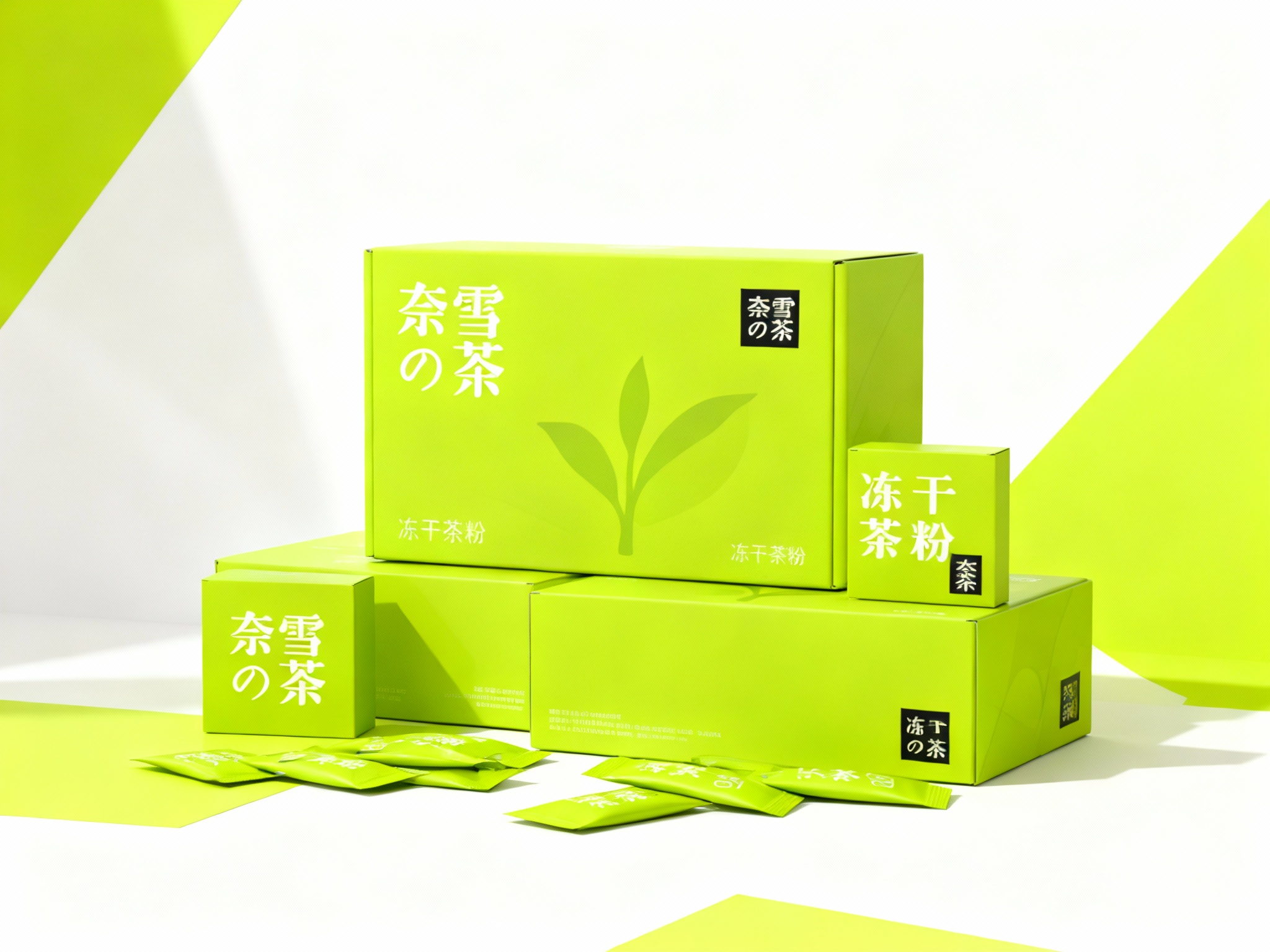 现代简约风格茶产品包装展示，（将参考图中的LOGO保持一致不要出现变形）白色背景搭配提供的品牌色（保持提示词的主色）几何色块。画面主体为多个品牌色包装盒，包括大盒（印有白色品牌名称和茶叶剪影）、小盒，均印有 “冻干茶粉” 字样和黑色品牌标识。包装盒下方散落着同色系的小包装袋。整体构图采用高低错落的排列方式，光线从左上角斜射，形成清晰的阴影，突出包装盒的立体感和色彩对比，展现产品系列的多样性与品牌视觉统一性。