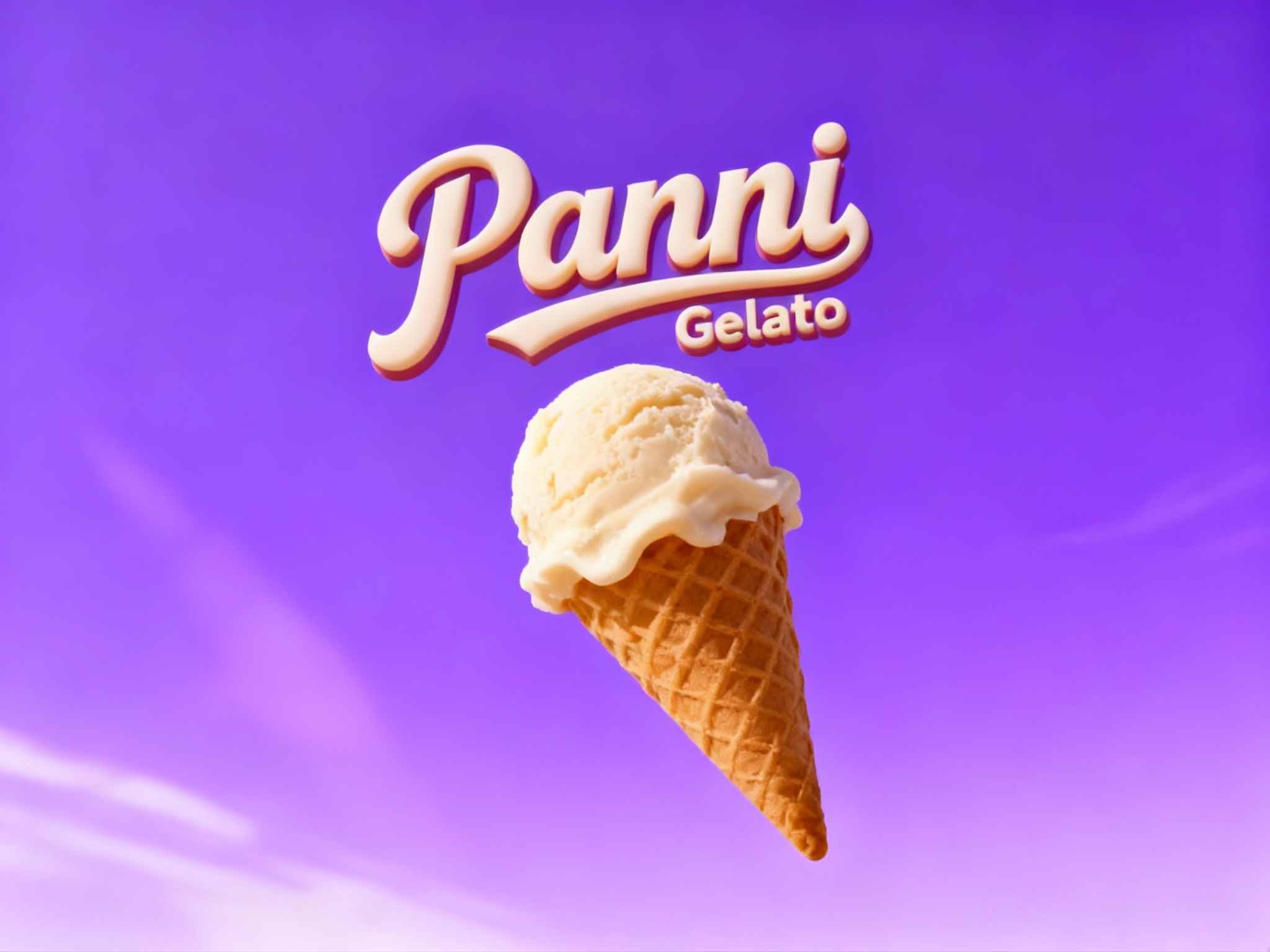 东方美学写实封面大片，非常精致的冰淇淋漂在空中品牌色背景。整个画面呈现仰拍的摄影视角，将冰淇淋（将参考图中的LOGO）形状完美呈现，仿佛在讲述一个关于时尚与独立的故事，LOGO位于冰淇淋上方，背景为紫色渐变，带有柔和的光影效果。