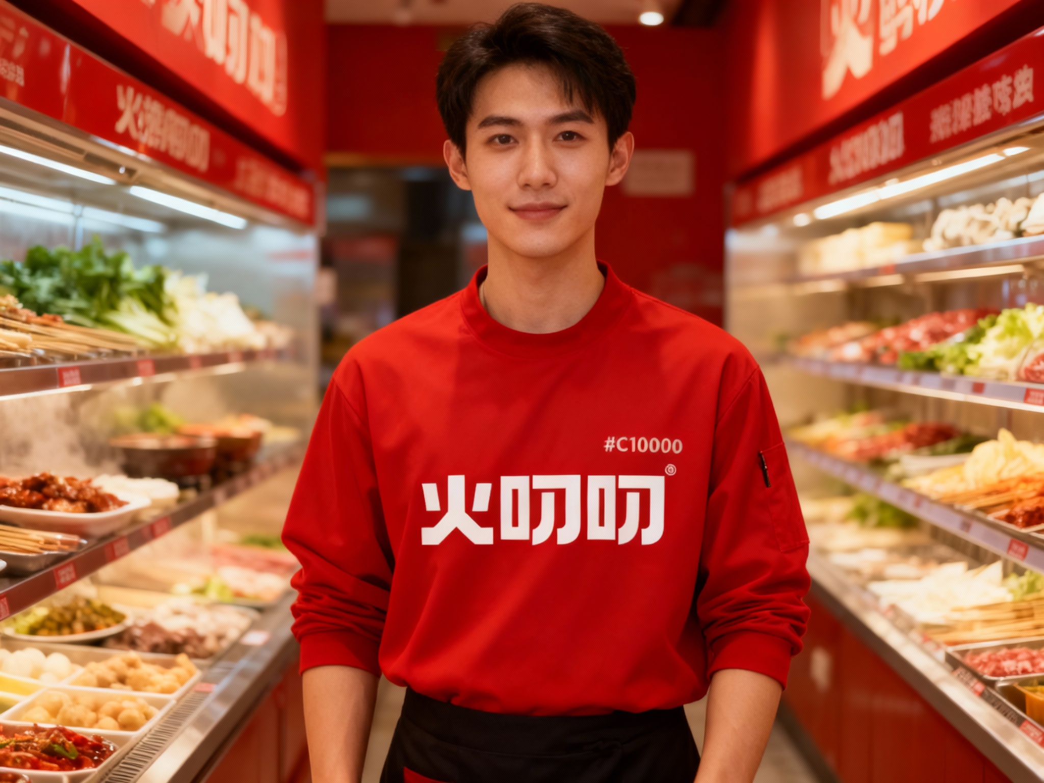 生成员工形象展示图，员工穿着#C10000工作服，（将参考图中的LOGO）在工作服上清晰可见，员工站在火锅食材陈列区或店内（空间保持品牌一致性），姿态自然，光线柔和。