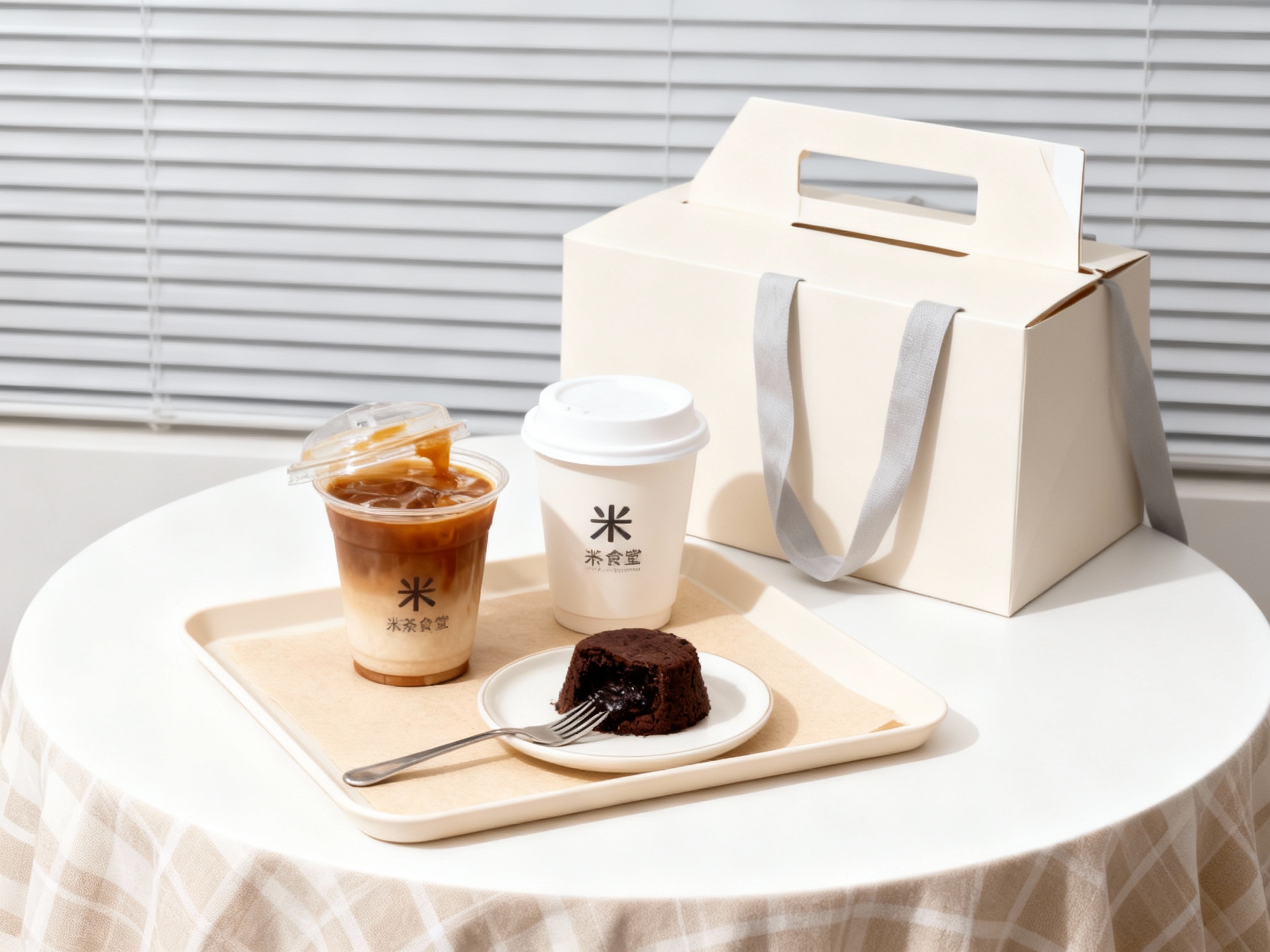 商业美食摄影，极简现代风格，柔和光线，白色圆形桌面铺米色格子桌布，背景浅灰色百叶窗，米色托盘内，米色垫纸上摆着两杯咖啡（一杯开盖露焦糖酱，一杯带白盖），旁置巧克力熔岩蛋糕，金属叉子搭在盘边，后方米色手提盒半开，浅灰色手提袋轻靠盒身。手提盒和咖啡杯上的品牌logo明显，画面层次分明