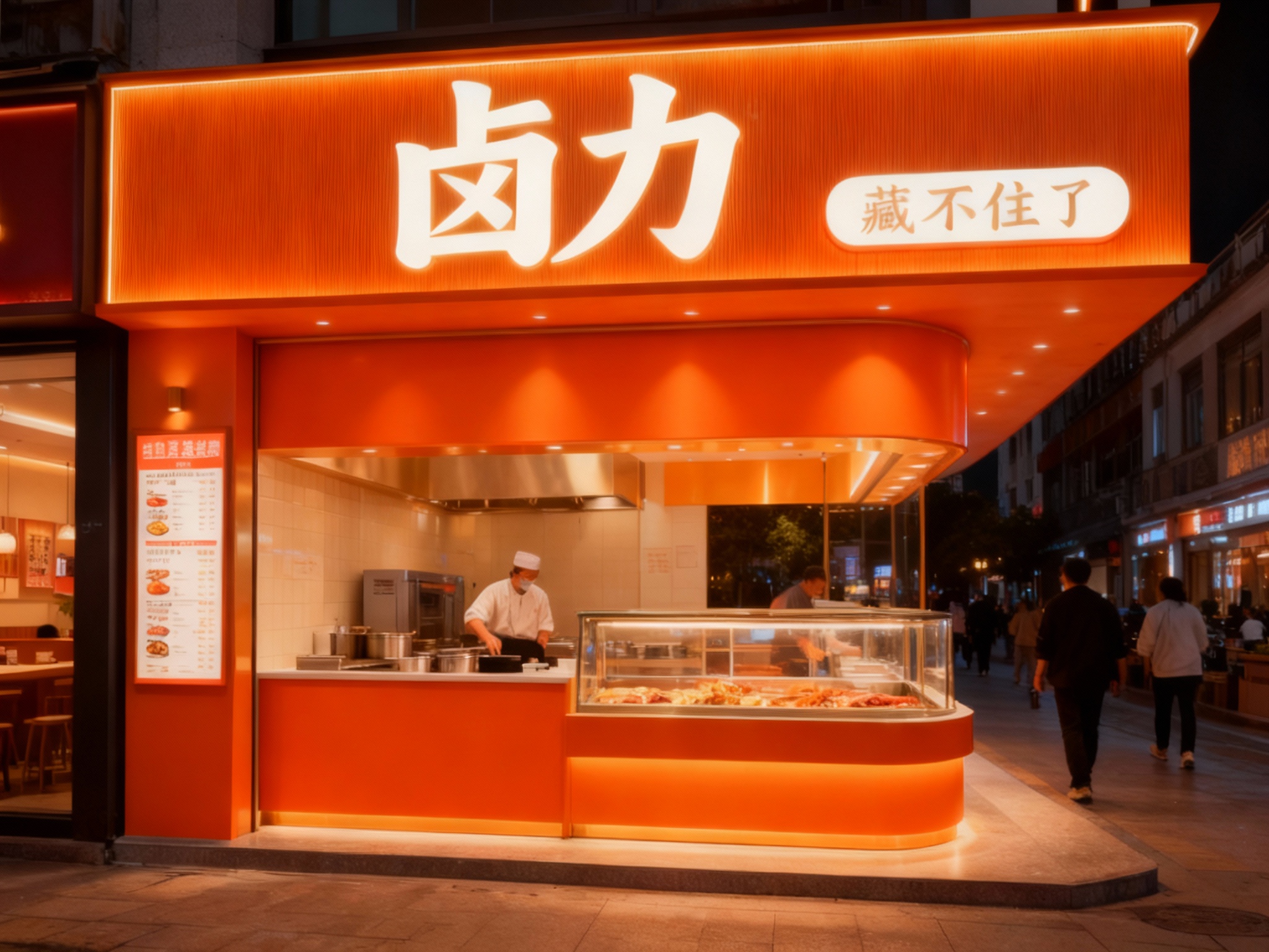 设计夜景门头及灯箱效果图，（将参考图中的LOGO）光亮温暖，卤菜店的内部场景，上方有发光的（将参考图中的LOGO）标识，下方是卤菜制作区域和展示柜，柜台上有菜单，整体装修风格运用木质搭配金色不锈钢材质现代，灯光温暖 ，街区环境和路人自然呈现。