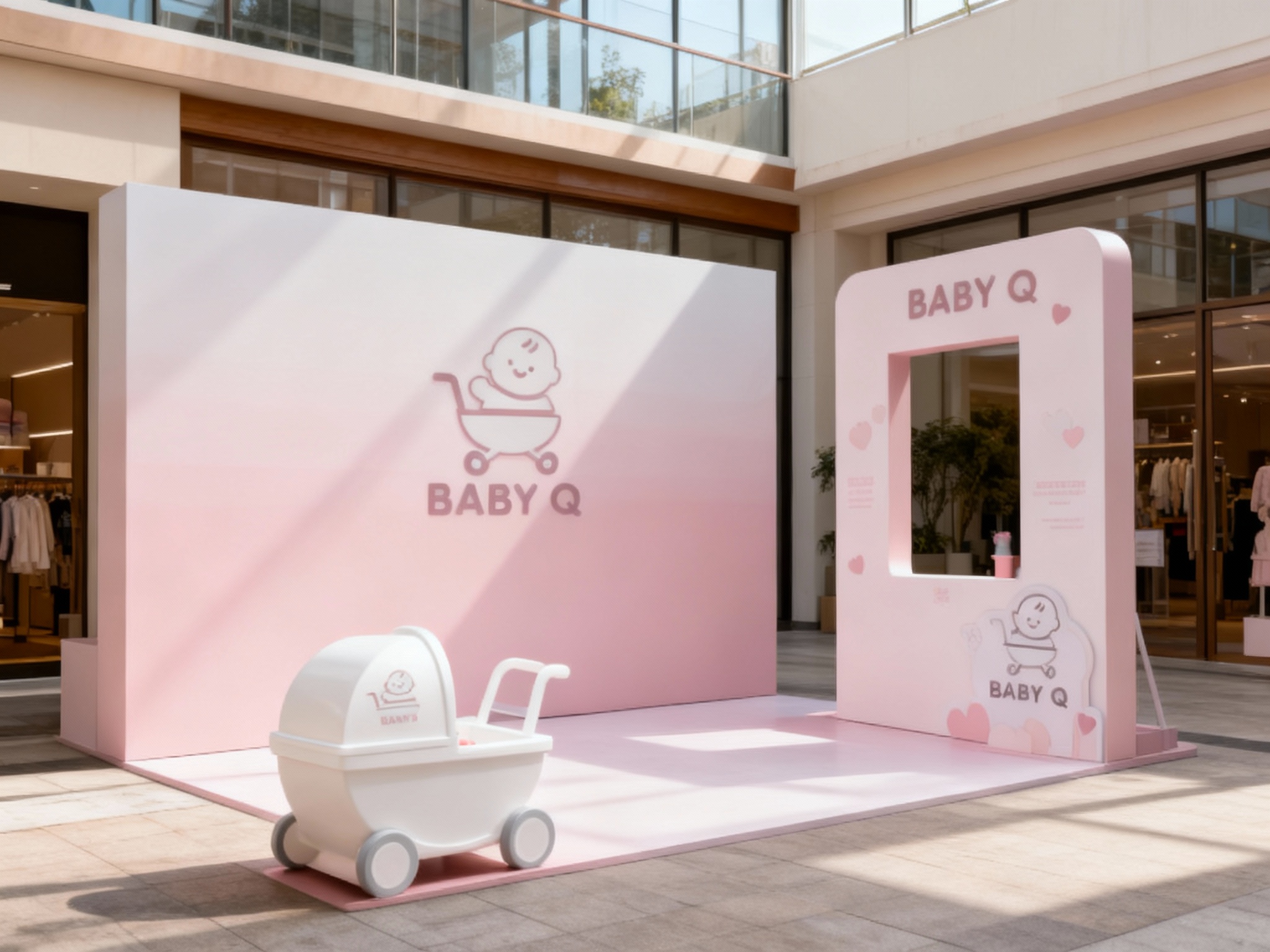 生成品牌体验区或小型母婴互动场景，展示品牌互动装置或店内拍照打卡点，（将参考图中的LOGO及品牌色配色）融入场景装修或物件，环境温馨有质感，光线自然通透。