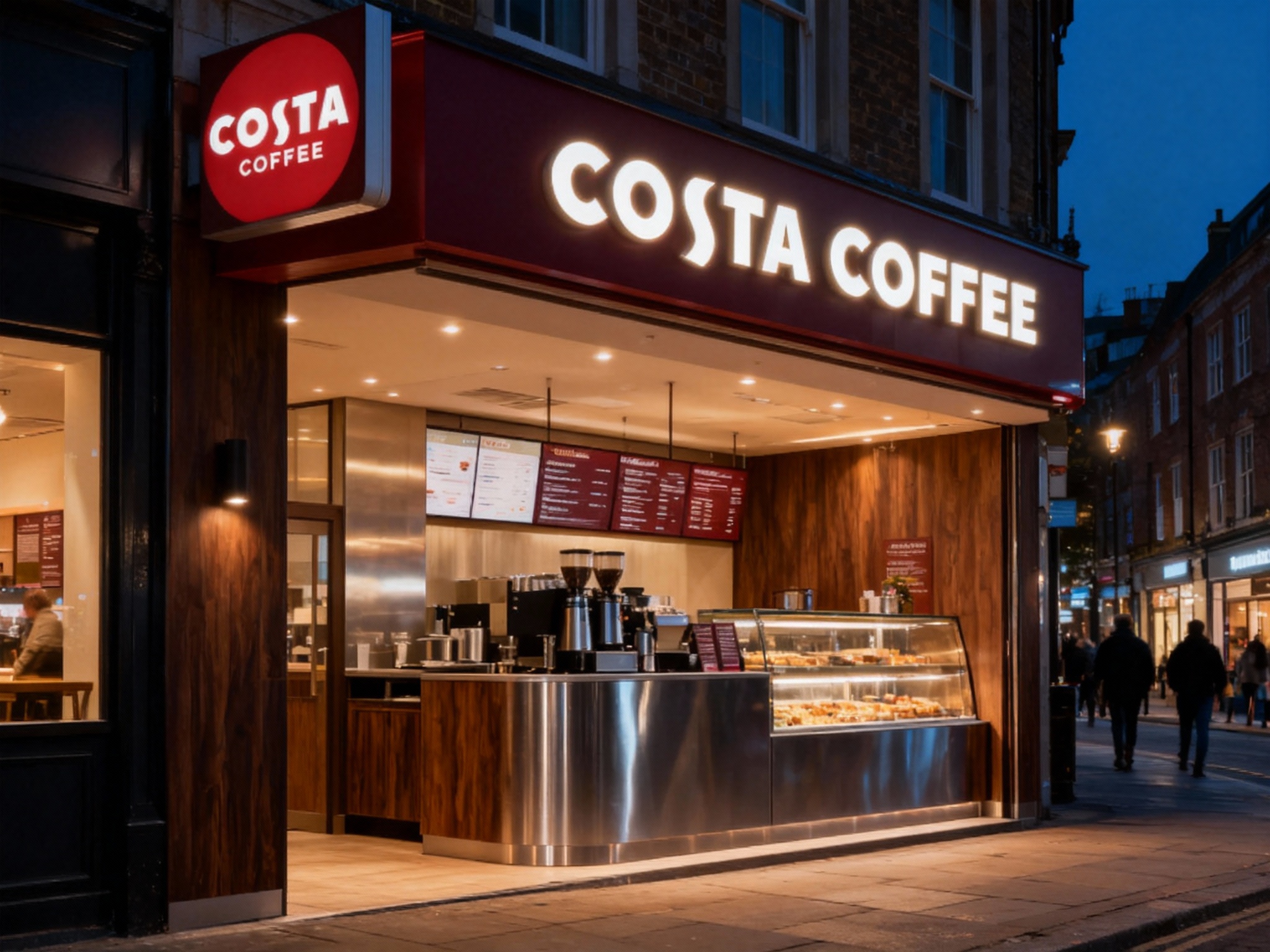 设计夜景门头及灯箱效果图，（将参考图中的LOGO）光亮温暖，咖啡店的内部场景，上方有发光的（将参考图中的LOGO）标识，下方是咖啡制作区域和展示柜，柜台上有菜单，整体装修风格运用黑胡桃木搭配银色不锈钢材质现代，灯光温暖 ，街区环境和路人自然呈现。