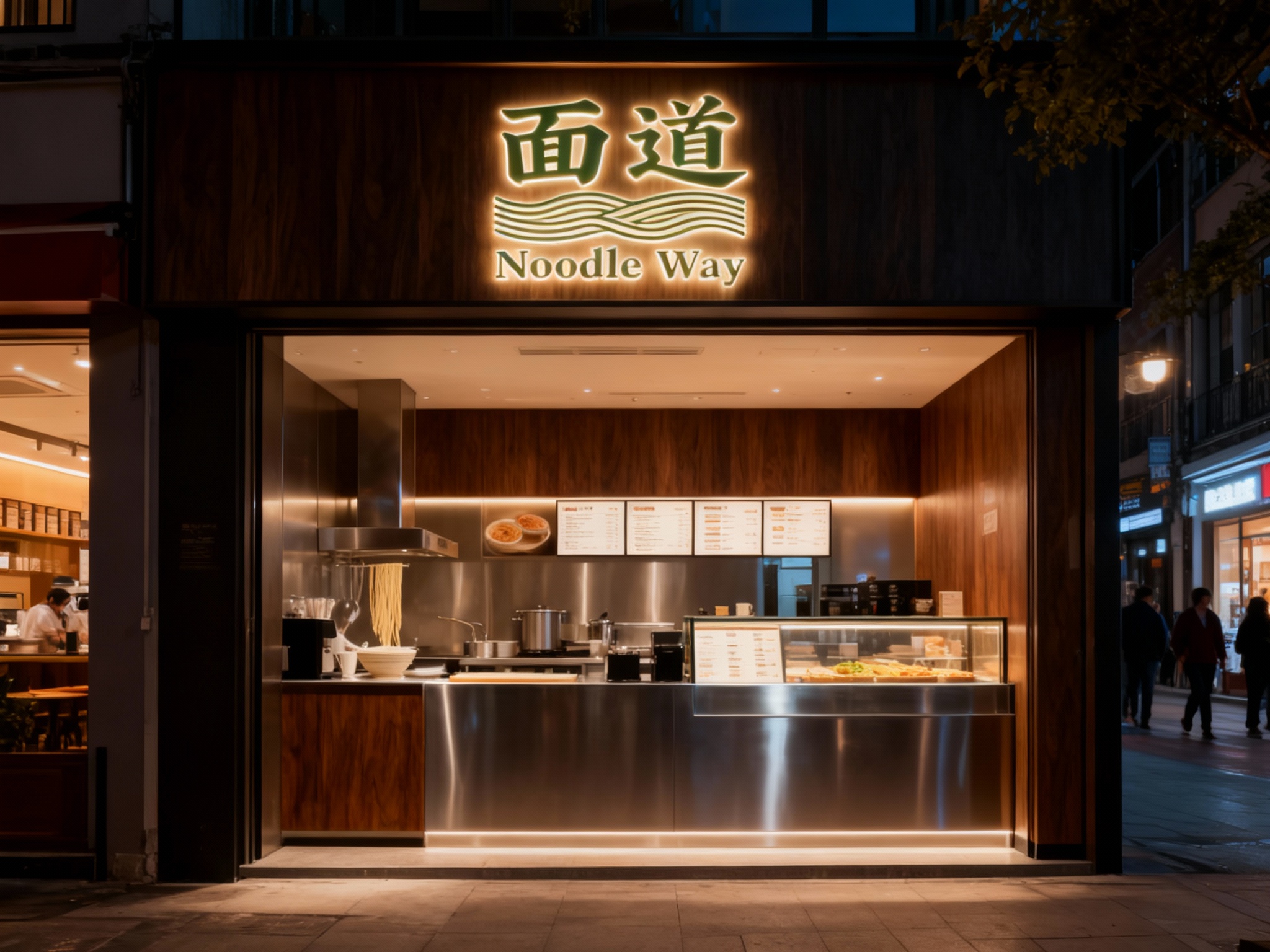 设计夜景门头及灯箱效果图，（将参考图中的LOGO）光亮温暖，咖啡店的内部场景，上方有发光的（将参考图中的LOGO）标识，下方是面条制作区域和展示柜，柜台上有菜单，整体装修风格运用黑胡桃木搭配银色不锈钢材质现代，灯光温暖 ，街区环境和路人自然呈现。