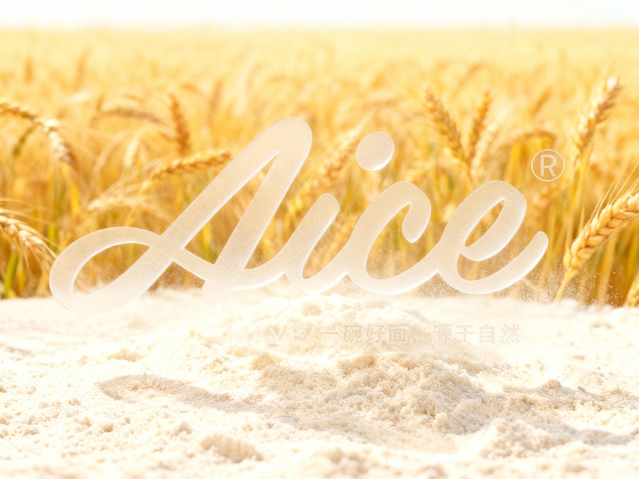 设计品牌概念海报，画面极简艺术。背景是微风吹拂的金色麦浪，或者是放大的面粉肌理。前景中心悬浮着（智能提取参考图中的LOGO主体并去除原背景），呈现出镂空或半透明的磨砂质感。画面留白多，排版采用现代无衬线字体，传递“一碗好面，源于自然”的初心。