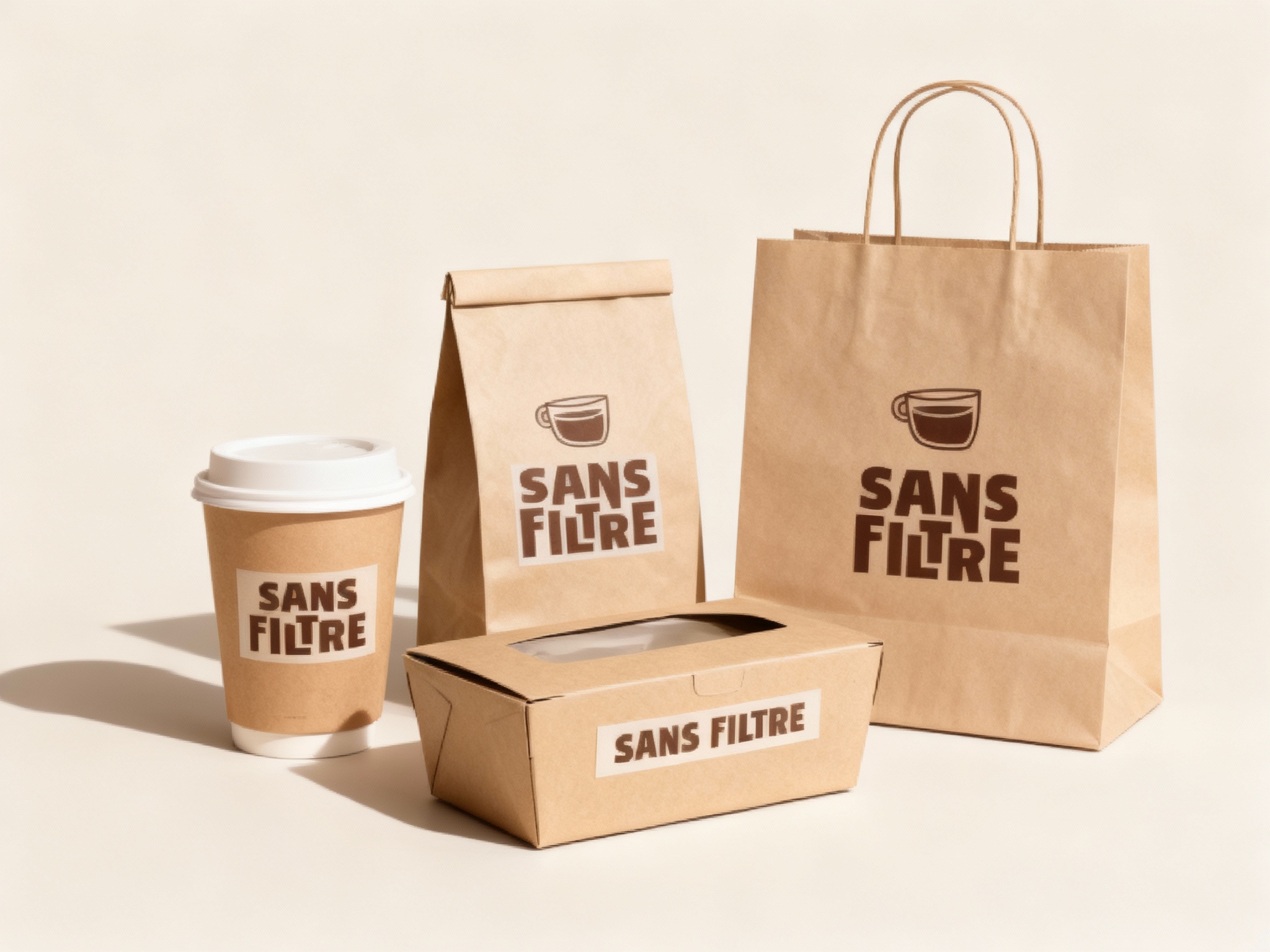 生成咖啡产品展示场景图。以浅色或莫兰迪低饱和色为背景基底，展示纸杯、手提袋、外带盒等产品，在部分产品上贴上褐色的（参考图提取的SANS FILTRE）。通过柔和的光影效果和自然景深，打造出具有INS质感的画面，强调SANS FILTRE的自然融合。