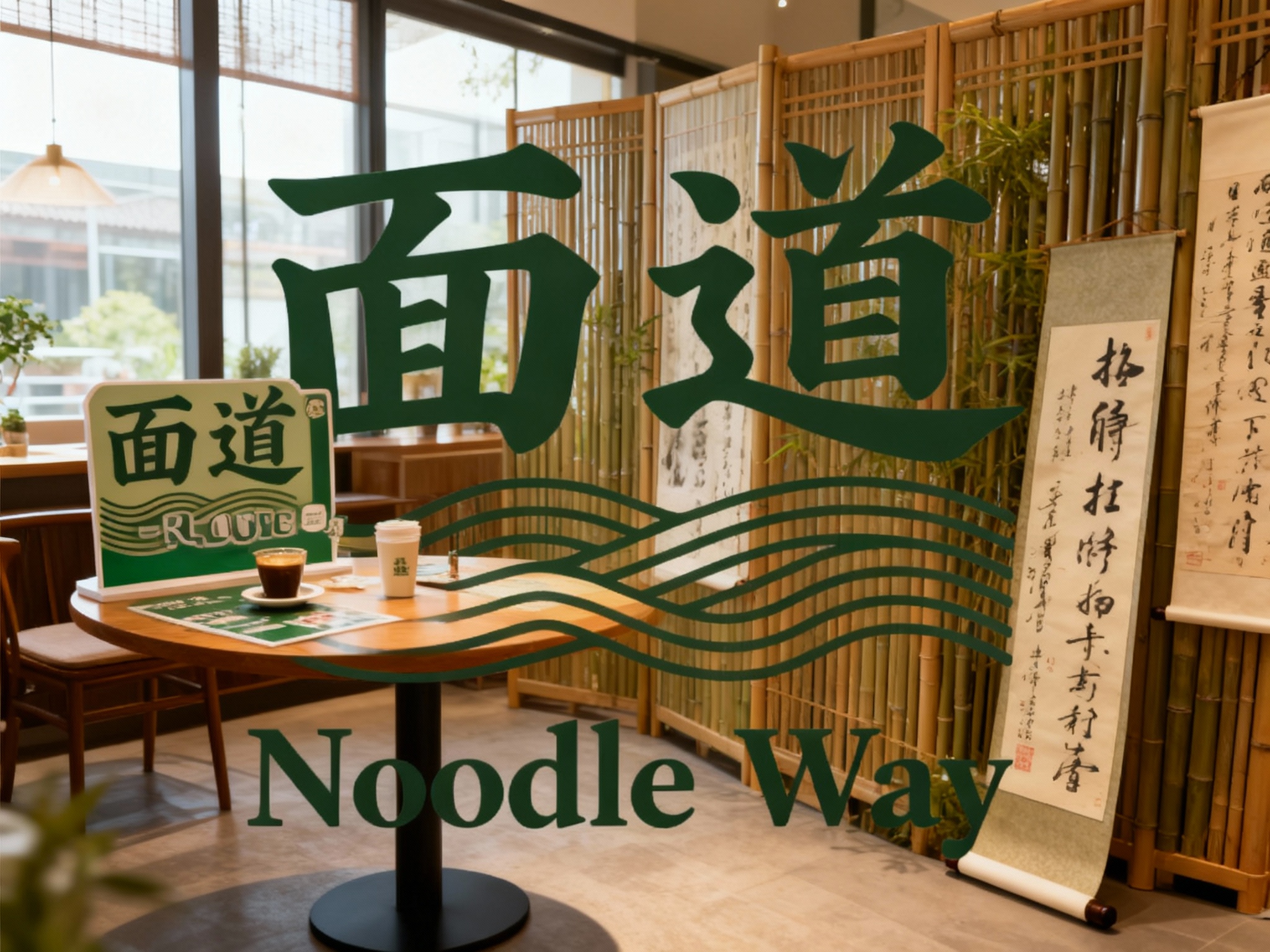 生成品牌体验区或小型咖啡桌场景，展示品牌互动装置或店内拍照打卡点，（将参考图中的LOGO及品牌色配色）融入场景装修或物件，环境温馨有质感，光线自然通透，可加入竹制屏风或书法卷轴作为装饰元素。