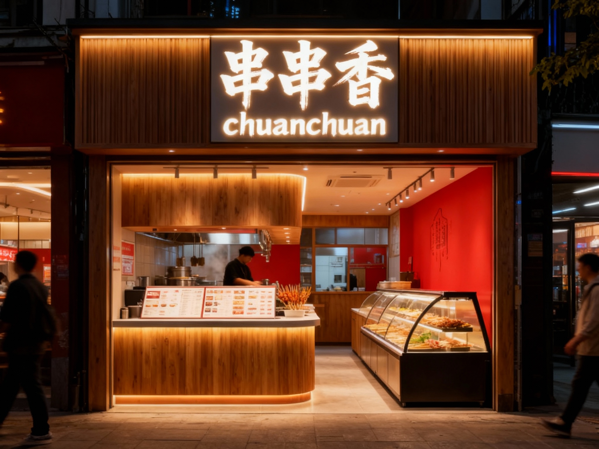 设计夜景主色门头及灯箱效果图，（将参考图中的LOGO）光亮温暖，串串店的内部场景，上方有发光的（将参考图中的LOGO）标识，下方是串串制作区域和展示柜，柜台上有菜单，整体装修风格运用原木搭配暖色调灯光材质现代，灯光温暖 ，街区环境和路人自然呈现，红色背景墙作为品牌标志性元素。