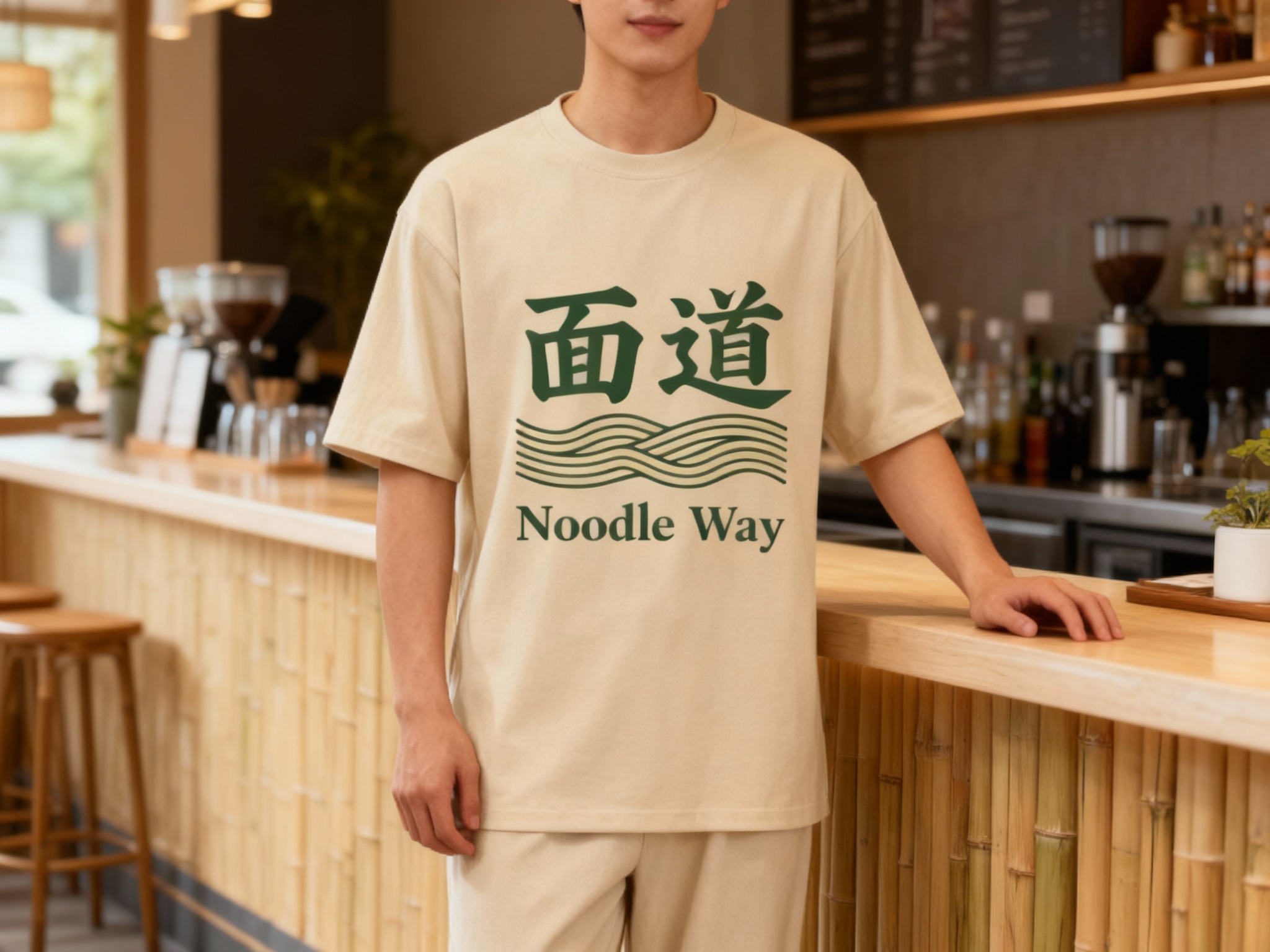 生成员工形象展示图，员工穿着纯色工作服，（将参考图中的LOGO）在工作服上清晰可见，员工站在吧台或店内（空间保持品牌一致性），姿态自然，光线柔和，工作服可采用竹纤维材质展现环保理念。