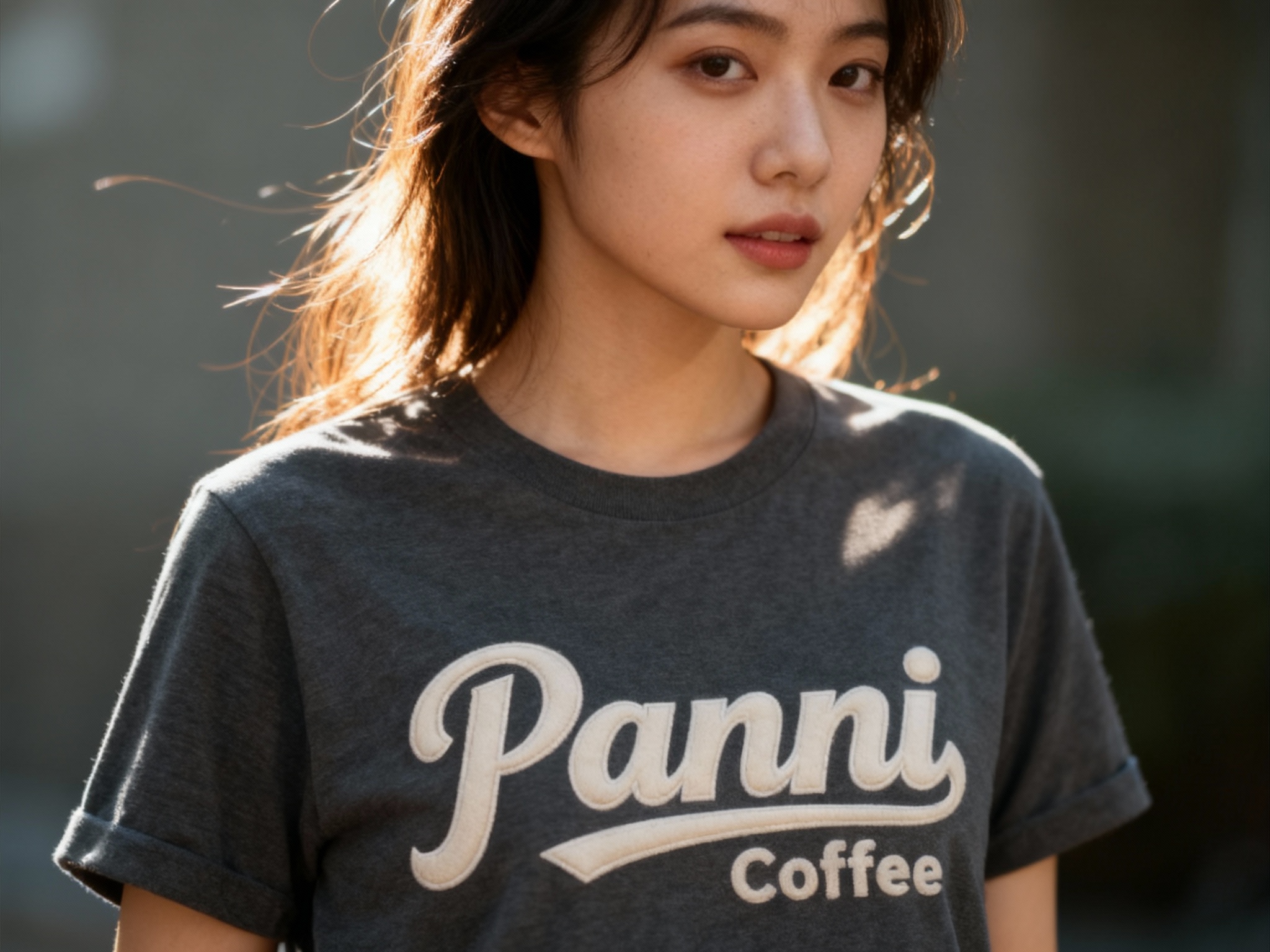 提取参考图的LOGO单独呈现，改为米白色，25岁亚洲女性模特，身着深灰纯色T恤，米白色LOGO以植绒印花工艺呈现，触感立体柔软，逆光侧拍，光线透过发丝与T恤边缘，形成柔和光晕，LOGO在侧光下呈现轻微阴影，增强层次感，背景虚化呈低饱和色调，电影感十足