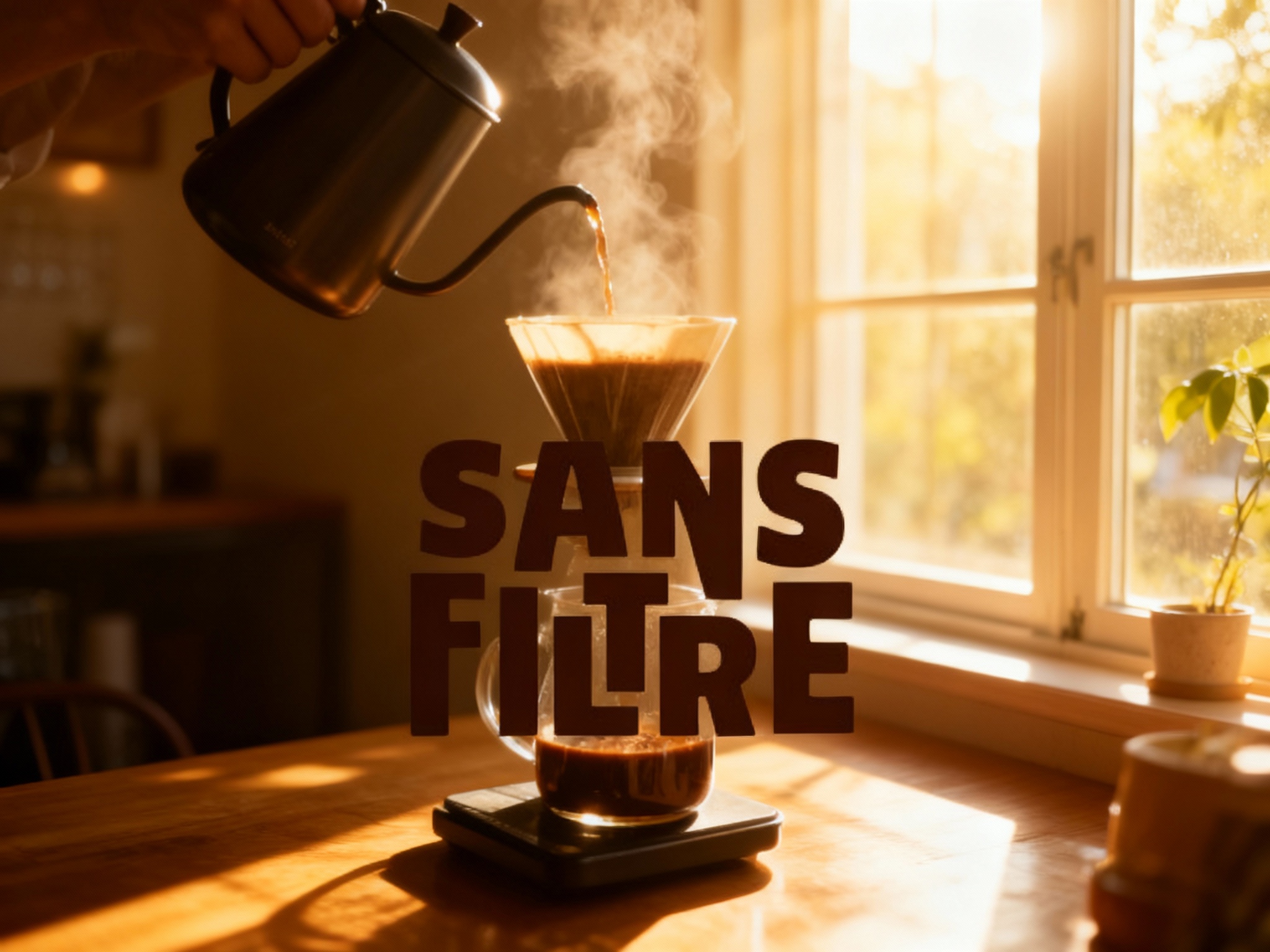 设计INS风格宣传海报。选择午后阳光透过窗户洒下的场景，或是专注于咖啡制作过程的特写镜头，利用柔和的光影和明亮温暖的颜色调性。将参考图中的SANS FILTRE自然地融入画面，传递品牌的温度与轻松感。