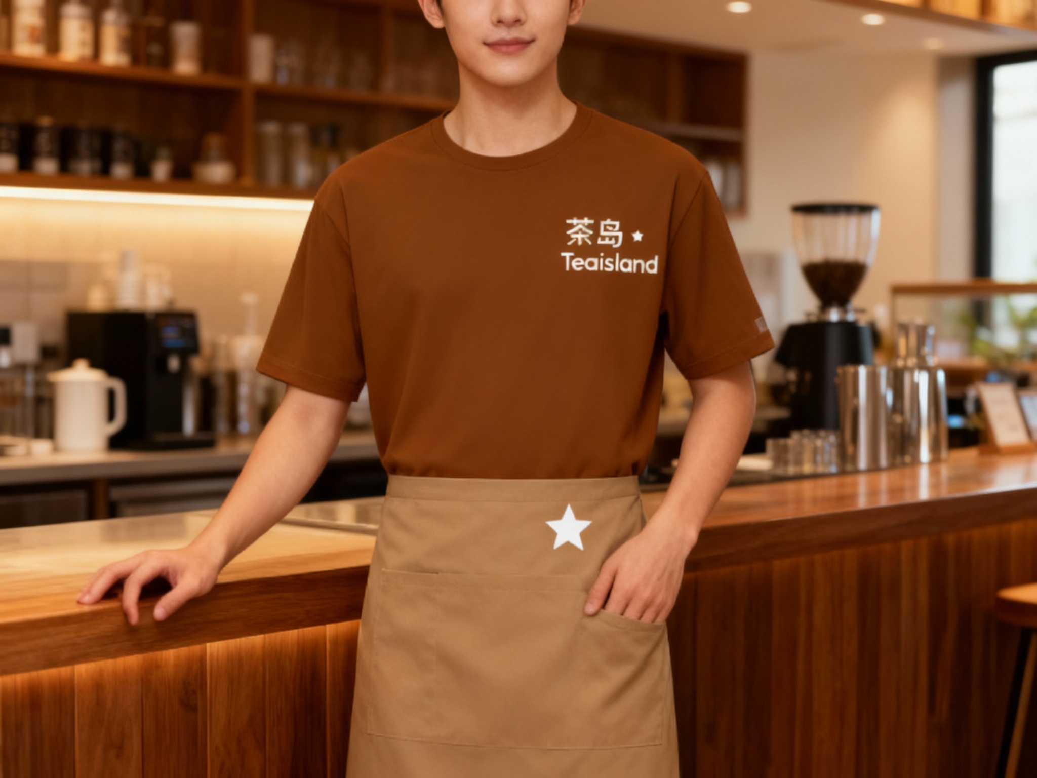 生成员工形象展示图，员工穿着纯色工作服，（将参考图中的LOGO）在工作服上清晰可见，员工站在吧台或店内（空间保持品牌一致性），姿态自然，光线柔和。