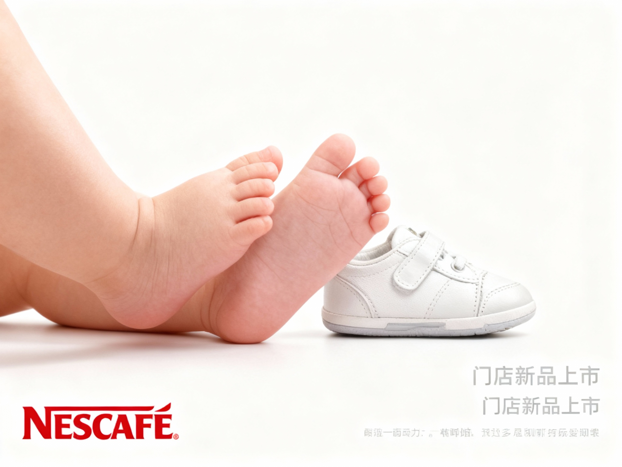 门店新品上市海报。背景是高调摄影风格（High-key），画面极其干净洁白。主角是一双婴儿的小脚丫或新推出的婴儿鞋。（智能提取参考图中的LOGO主体并去除原背景）作为水印自然地融入画面角落。文案简洁有力。整体风格纯真、圣洁，激发即刻拥有的欲望。