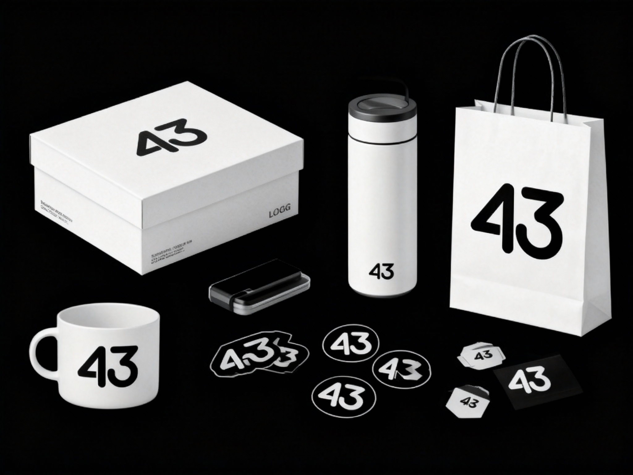 生成公司形象周边展示图，如礼盒、保温杯、手提袋、贴纸等，（将参考图中的LOGO）以#白色形式在各产品上合理呈现，延续品牌配色，造型简约高级，适合礼赠与品牌延展。