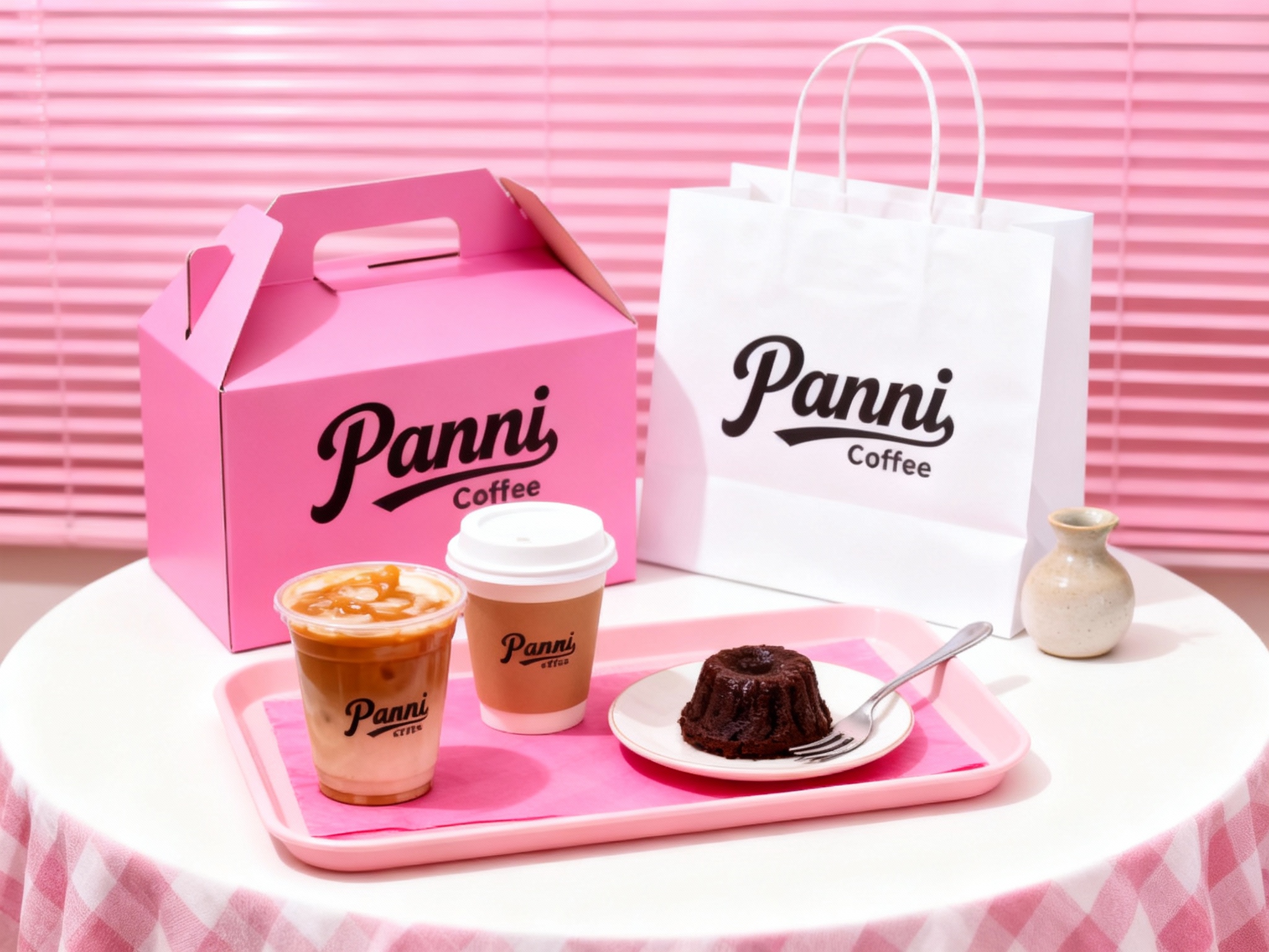 商业美食摄影，极简现代风格，明亮光线，白色圆形桌面铺粉色格子桌布，背景粉色百叶窗，粉色托盘内，粉色垫纸上摆着两杯咖啡（一杯开盖露焦糖酱，一杯带白盖），旁置巧克力熔岩蛋糕，金属叉子搭在盘边，后方粉色手提盒半开，白色手提袋轻靠盒身，旁边放置一个小巧的陶瓷花瓶。手提盒和咖啡杯上的品牌logo明显，画面层次分明