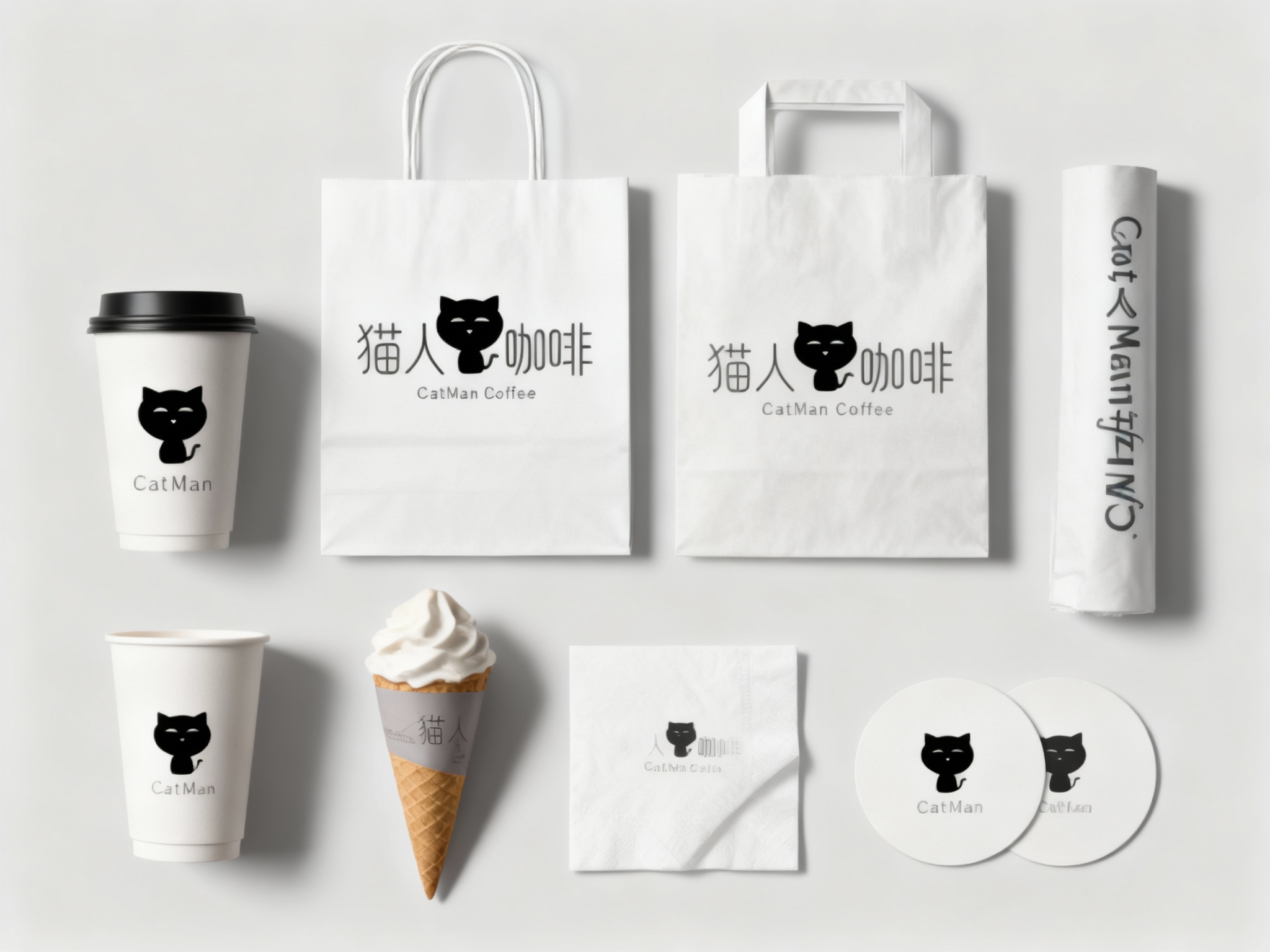 设计冰淇淋产品平铺拍摄图用主色 {主色} ，包含纸杯、手提袋、打包袋、冰淇淋纸筒、餐巾纸、杯垫等，（将参考图中的LOGO）在各产品上清晰展示，色彩统一，光影柔和，呈现高级整洁感。