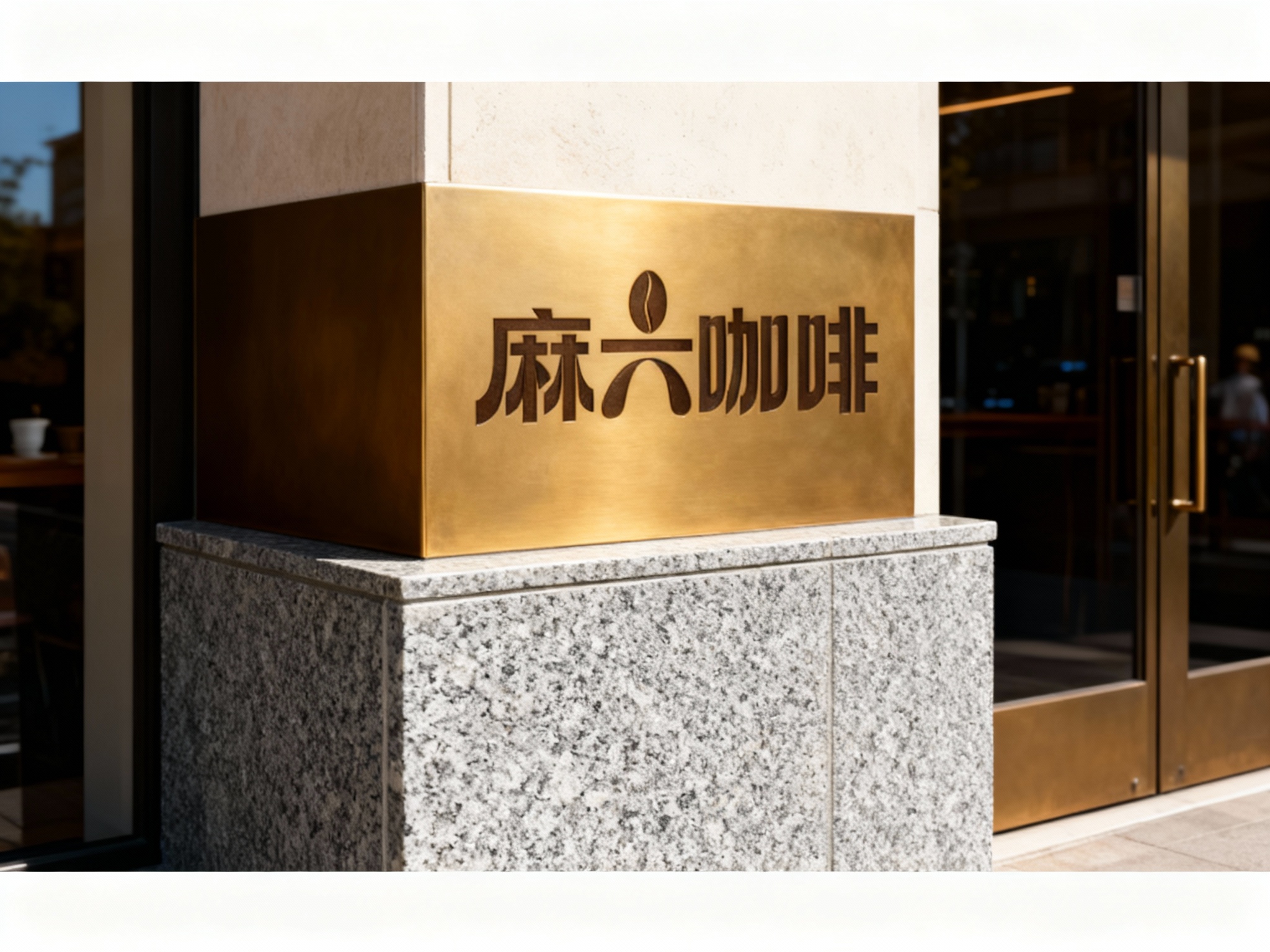 石材与金属结合门头特写，底部为灰色花岗岩无缝拼接基座，上部为哑光黄铜材质整板切割装饰面，底板无接缝痕迹，LOGO以蚀刻填漆工艺呈现于黄铜板中央，白天光线照射，石材稳重与金属光泽互补，高端感十足