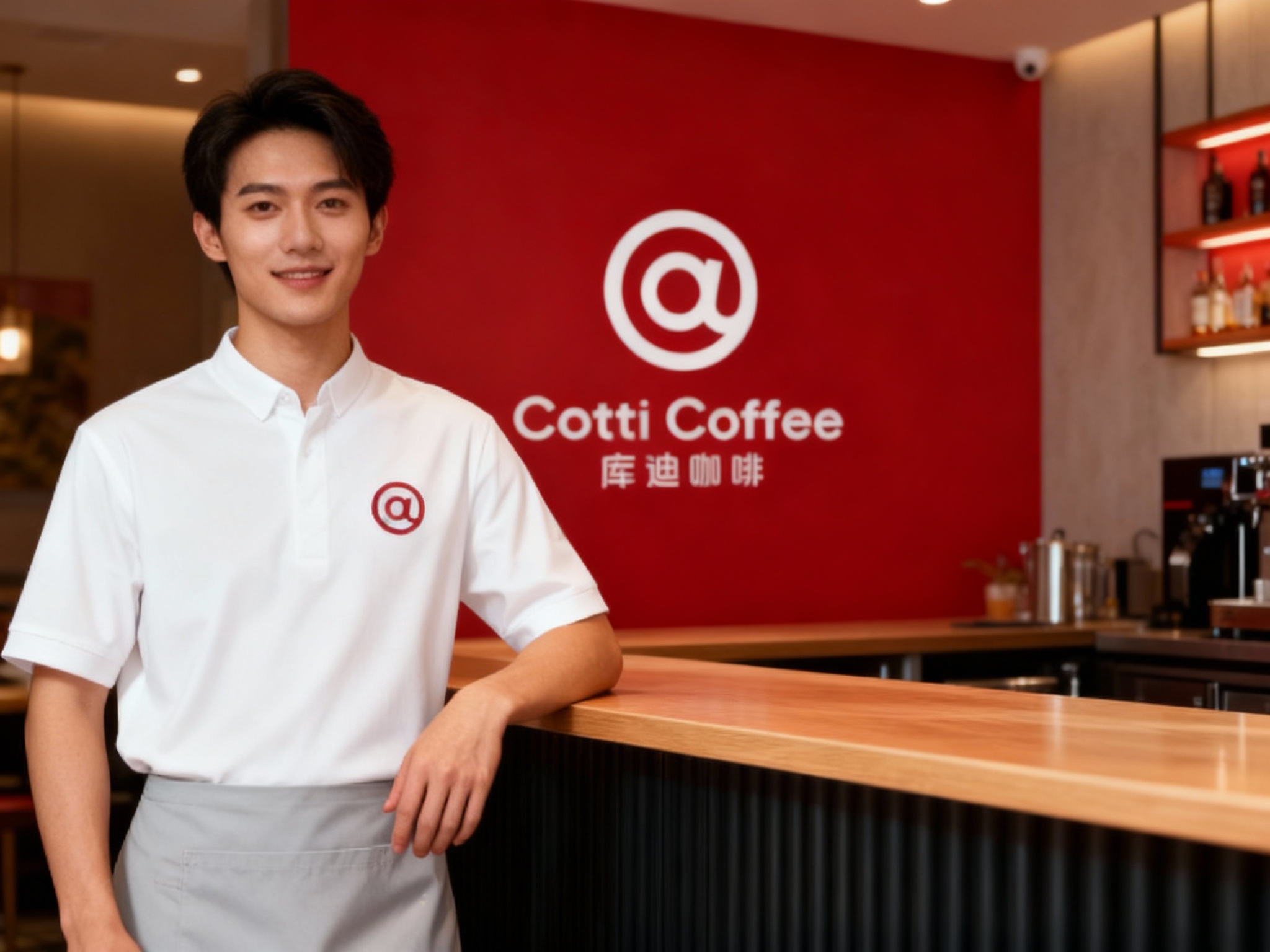 生成员工形象展示图，员工穿着纯色工作服（建议为白色或浅灰色），（将参考图中的LOGO）在工作服上清晰可见，员工站在吧台或店内（空间保持品牌一致性），姿态自然，光线柔和，背景为店内环境，突出专业与亲和力。