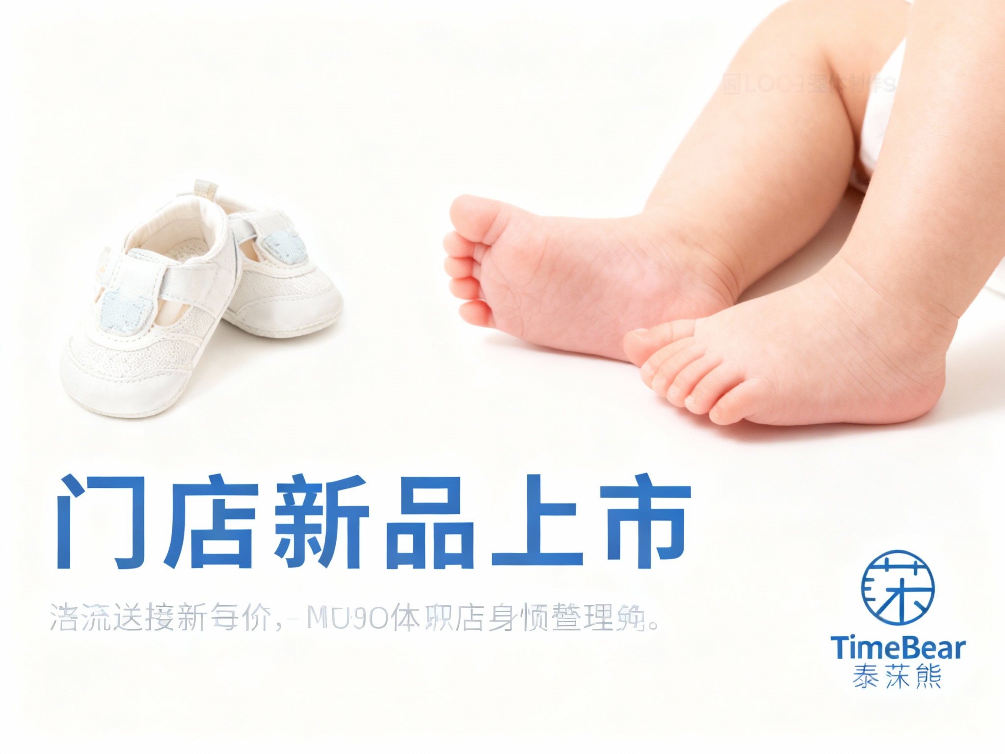 门店新品上市海报。背景是高调摄影风格（High-key），画面极其干净洁白。主角是一双婴儿的小脚丫或新推出的婴儿鞋。（智能提取参考图中的LOGO主体并去除原背景）作为水印自然地融入画面角落。文案简洁有力。整体风格纯真、圣洁，激发即刻拥有的欲望。