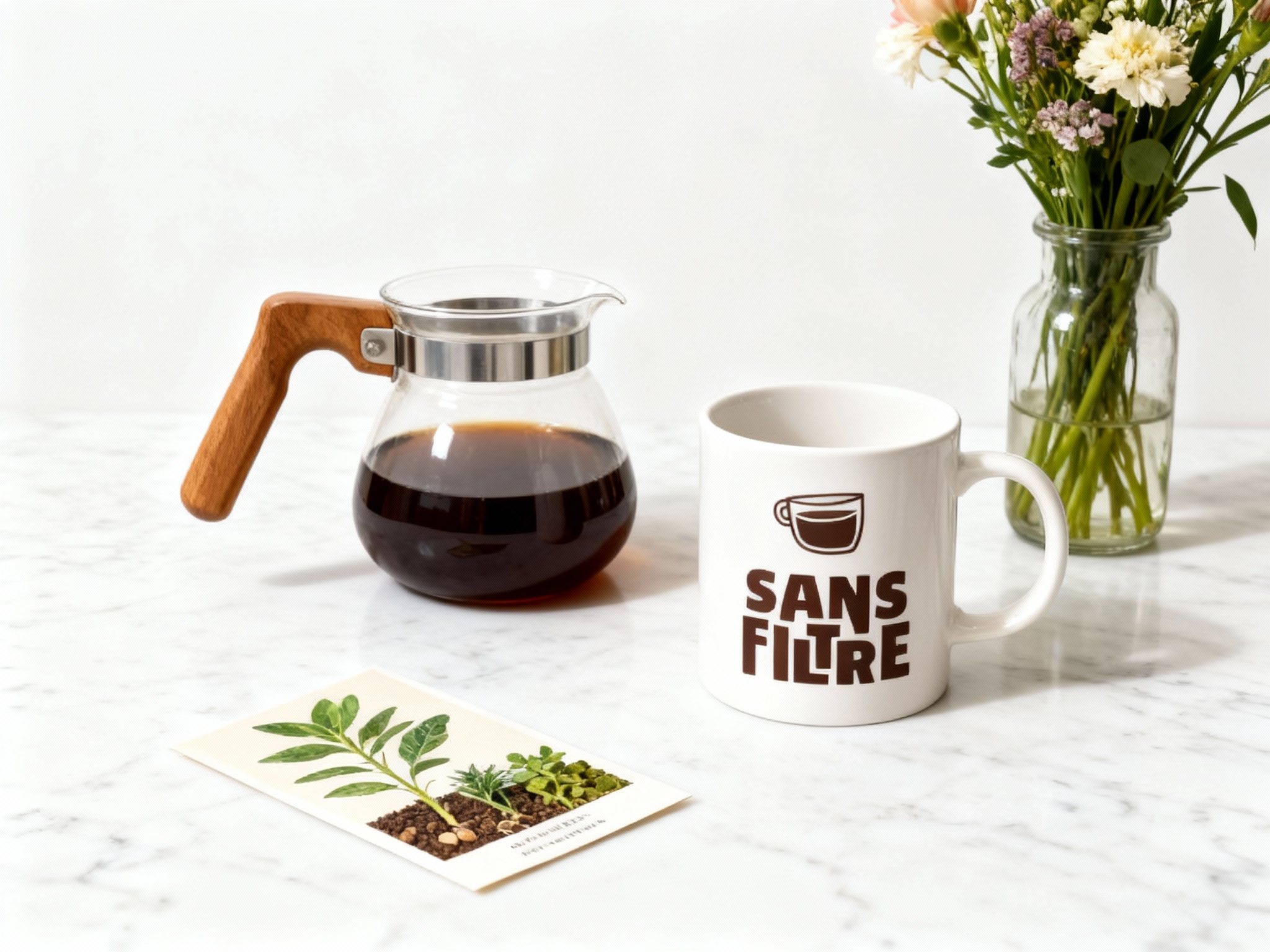 生成精致的咖啡周边组合图。画面包含木质手柄的咖啡壶、印有（智能提取参考图中的LOGO主体并去除原背景）的马克杯、以及植物种子卡片。背景是干净的白色大理石台面，搭配一瓶插花。光线明亮均匀，色彩饱和度低，对比度适中，展现精致的中产生活美学。