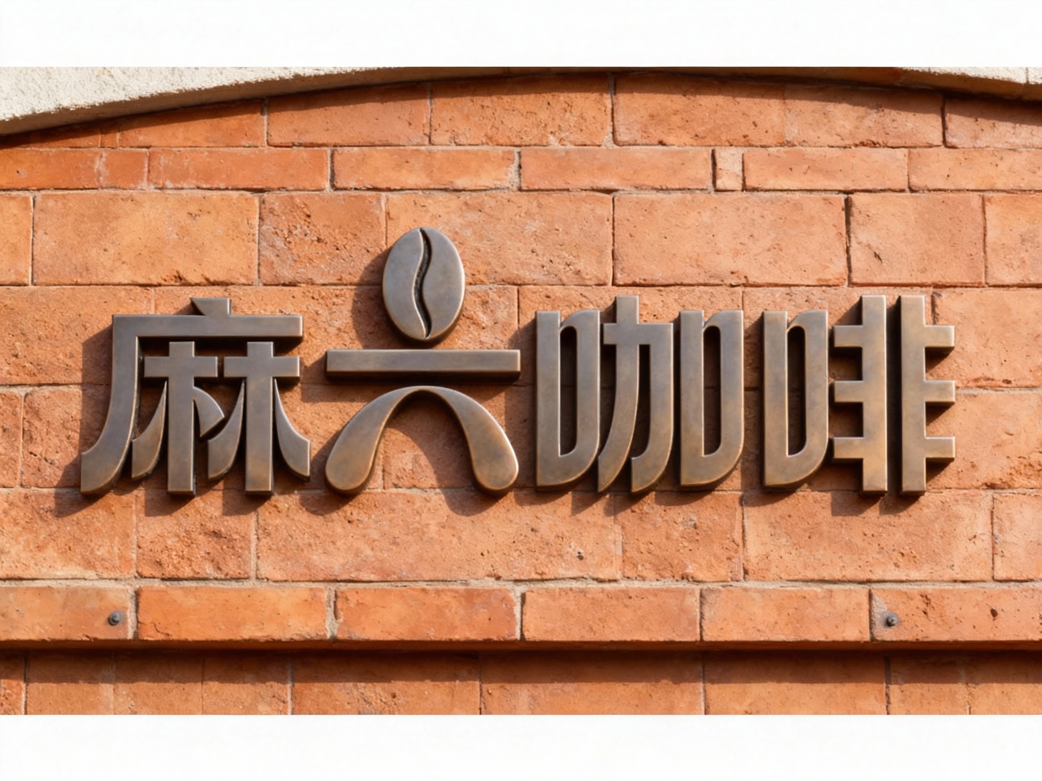 陶土砖纹门头特写，墙面采用仿陶土砖纹理的哑光陶瓷板无缝铺贴，底板无粗糙颗粒，LOGO采用哑光金属立体字嵌入式安装，无外露固定件，白天自然光下，金属色与砖纹质感协调，现代复古风适配高端门店