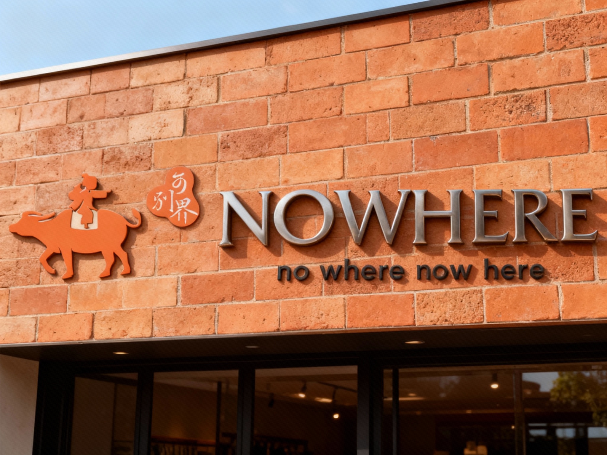 陶土砖纹门头特写，墙面采用仿陶土砖纹理的哑光陶瓷板无缝铺贴，底板无粗糙颗粒，LOGO采用哑光金属立体字嵌入式安装，无外露固定件，白天自然光下，金属色与砖纹质感协调，现代复古风适配高端门店