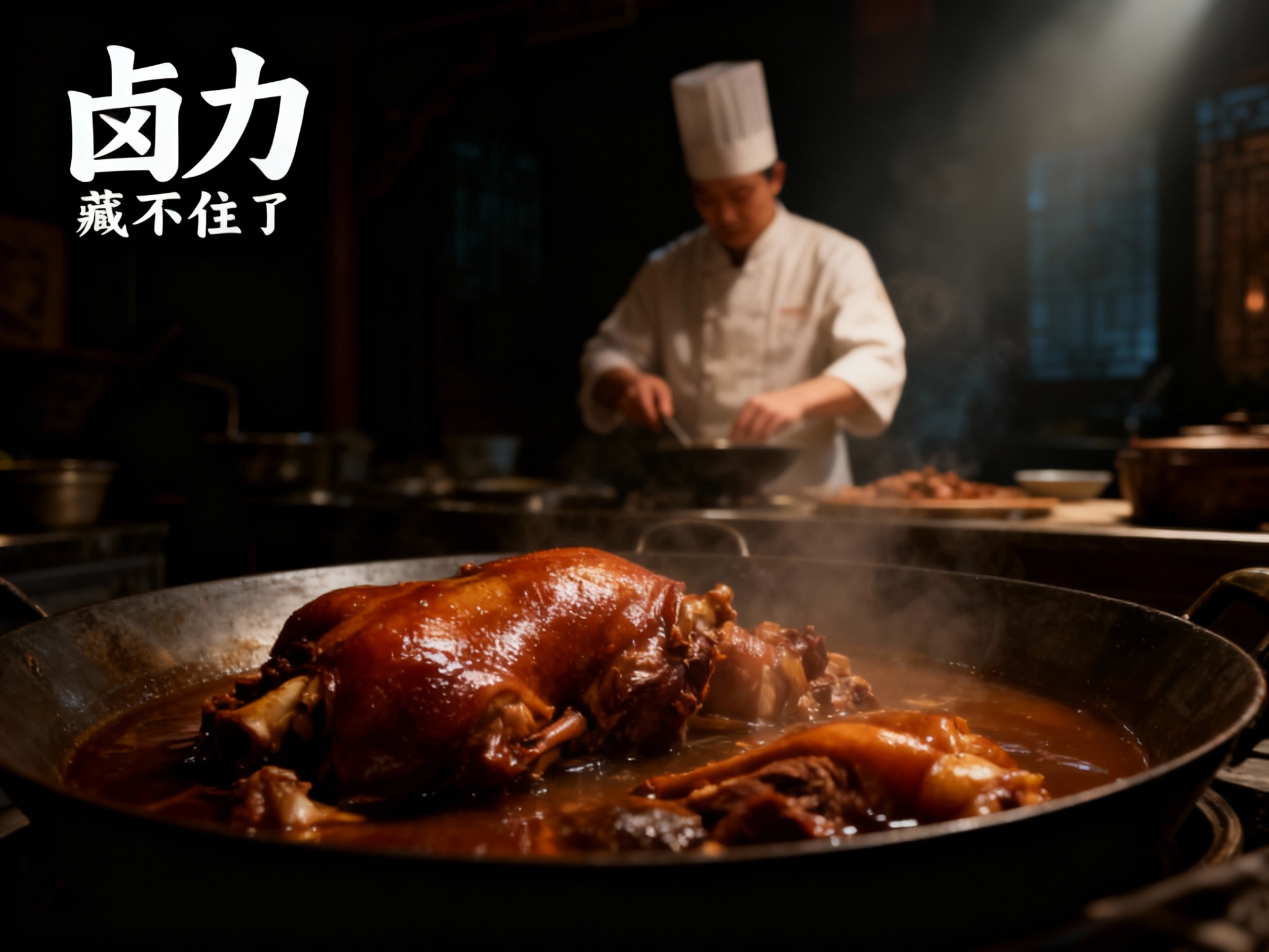 设计品牌宣传海报，画面干净，（将参考图中的LOGO ）位于左上角或右上角（根据实际情况设置），大师作品，电影海报，超高质量，超精细，高级中文排版，摄影，柔和光效，朦胧，俯视，远景，简约，简单，极简风格，大面积留白，背景是厨师烹饪卤菜的景象，营造传统与现代融合的氛围，超现实主义+极简主义 + 简单色块+传统配色+ 摄影艺术 + 细节丰富+ 封面美学 +深色背景+电影级照明，4k高清，排版简洁有视觉冲击力，符合社交平台分享特性。