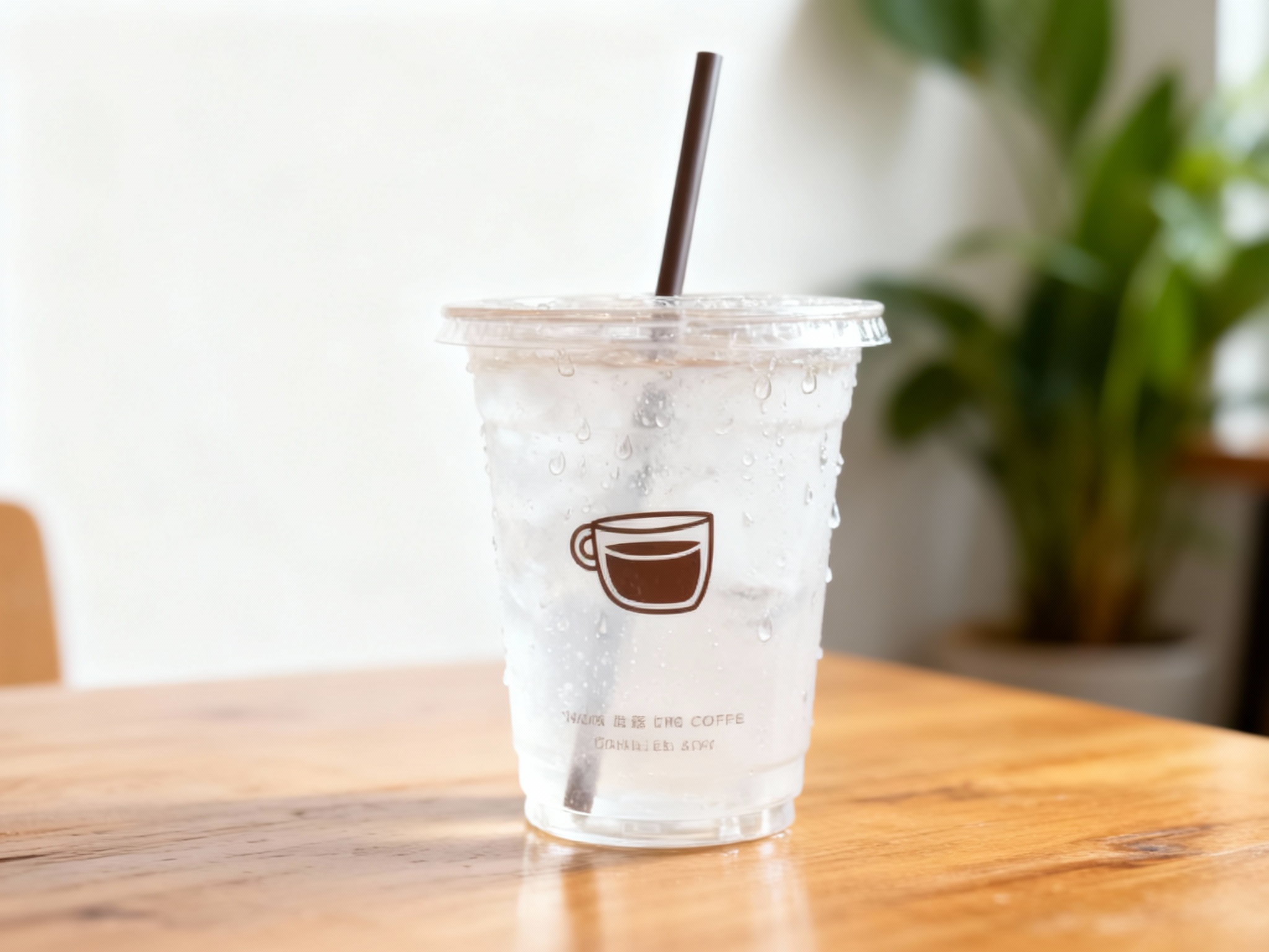 咖啡门店促销海报。背景是柔焦处理的室内环境（白墙、木桌、绿植）。前景突出展示一杯插着吸管的冷萃咖啡，杯身上的（智能提取参考图中的LOGO主体并去除原背景）清晰可见，杯壁挂着诱人的水珠。文案排版极简，字体纤细。整体色调清凉、透亮，激发购买欲。