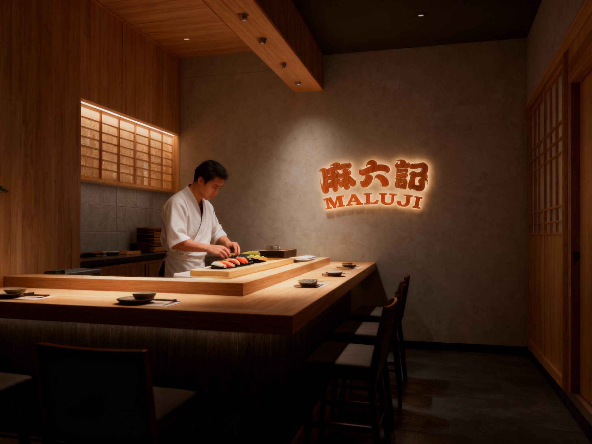 生成精致日式料理店内部空间渲染图。空间以桧木色和素雅的米灰色为主调。可以看到板前（Counter）区域，寿司师傅正在准备食材。背景墙面是极简的泥瓦工艺，（智能提取参考图中的LOGO主体并去除原背景）以木质浮雕或镂空灯箱形式融入背景墙。光线柔和聚焦在台面上，周围环境较暗，突出私密感与禅意。