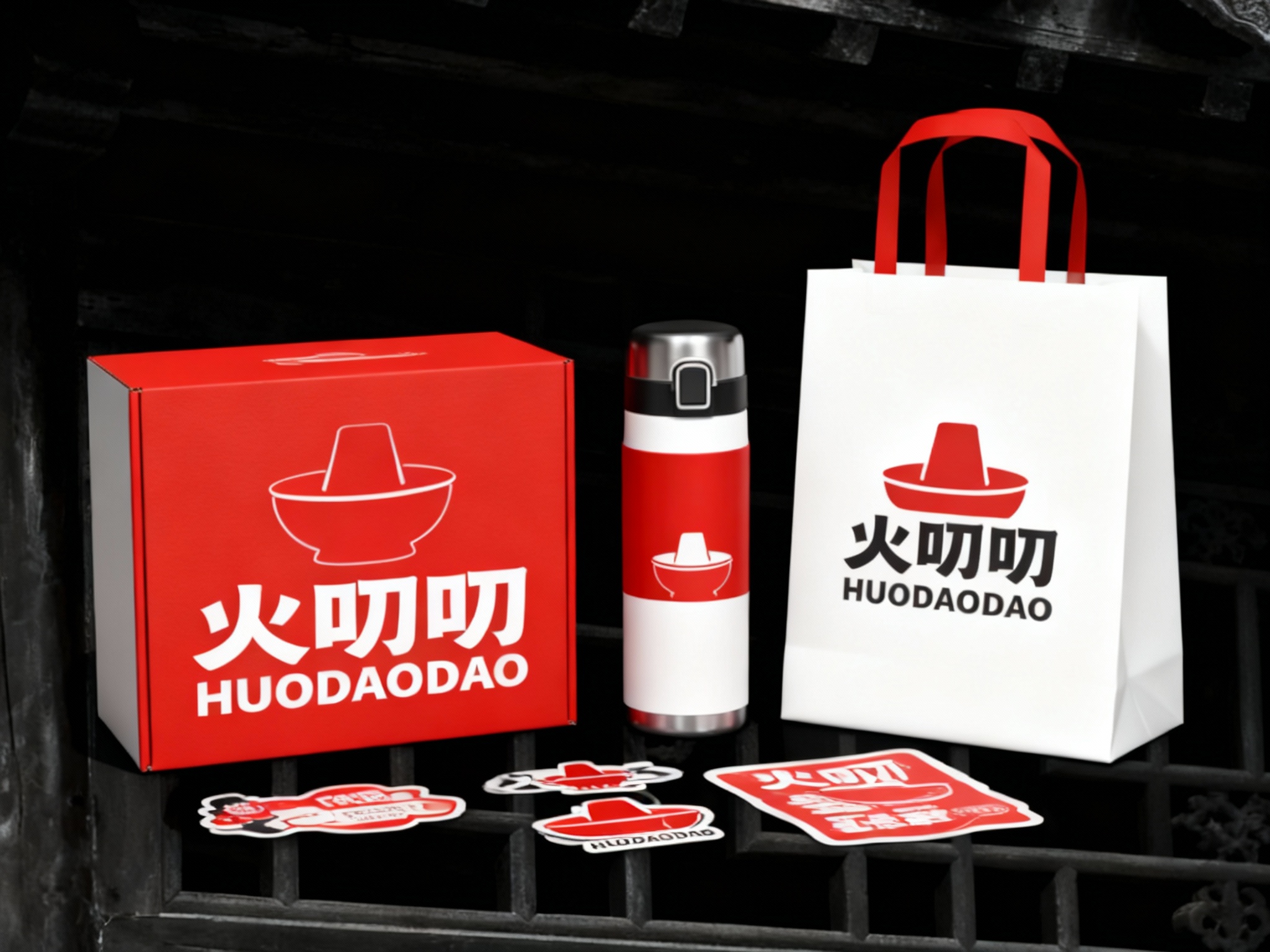 生成品牌周边展示图，如礼盒、保温杯、手提袋、贴纸等，（将参考图中的LOGO）在各周边产品上合理呈现，延续品牌配色，造型简约高级，适合礼赠与品牌延展。