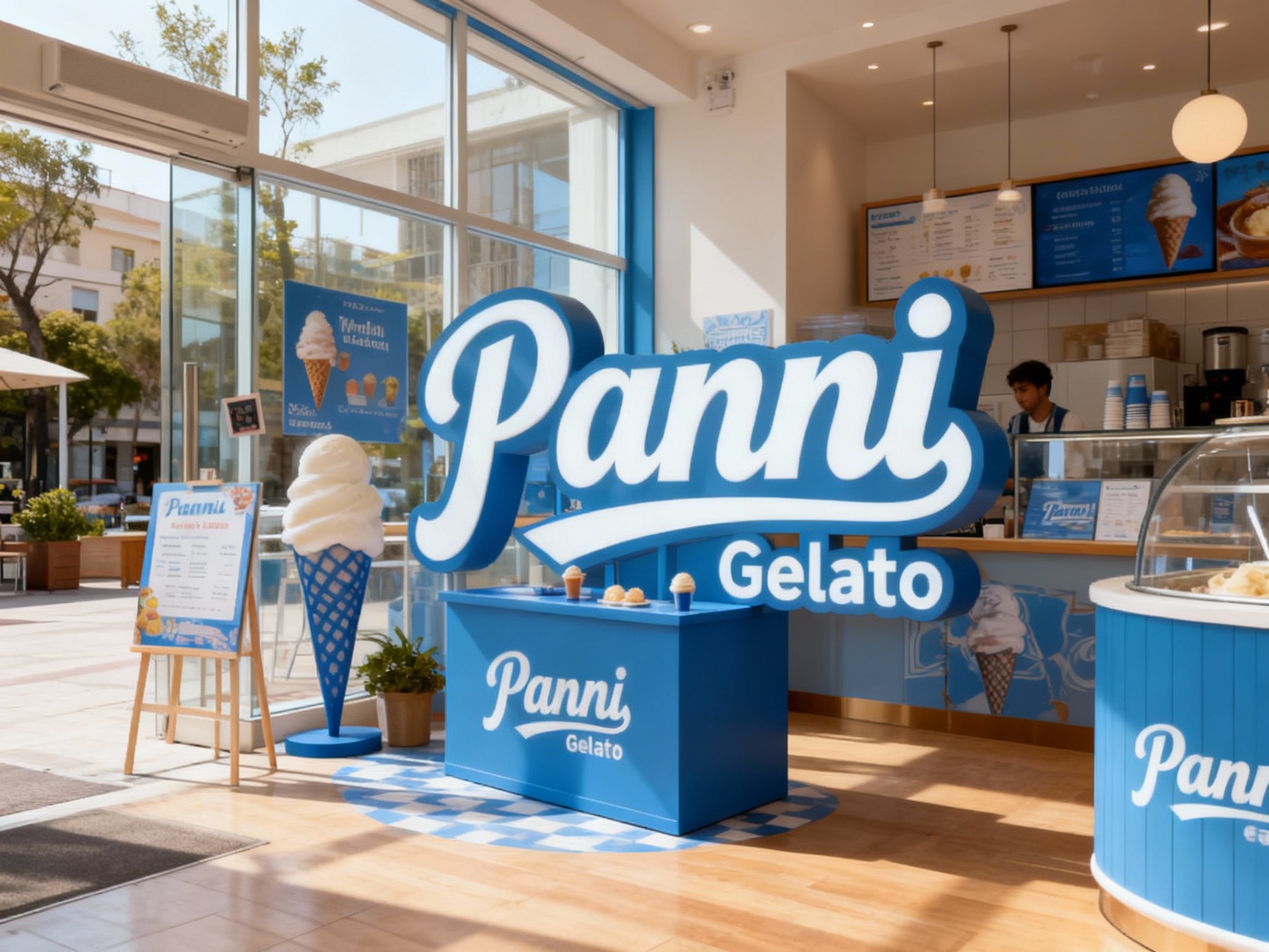 生成品牌体验区或冰淇淋店铺场景，展示品牌互动装置或店内拍照打卡点，（将参考图中的LOGO及主色 {主色} ）融入场景装修或物件，环境温馨有质感，光线自然通透。