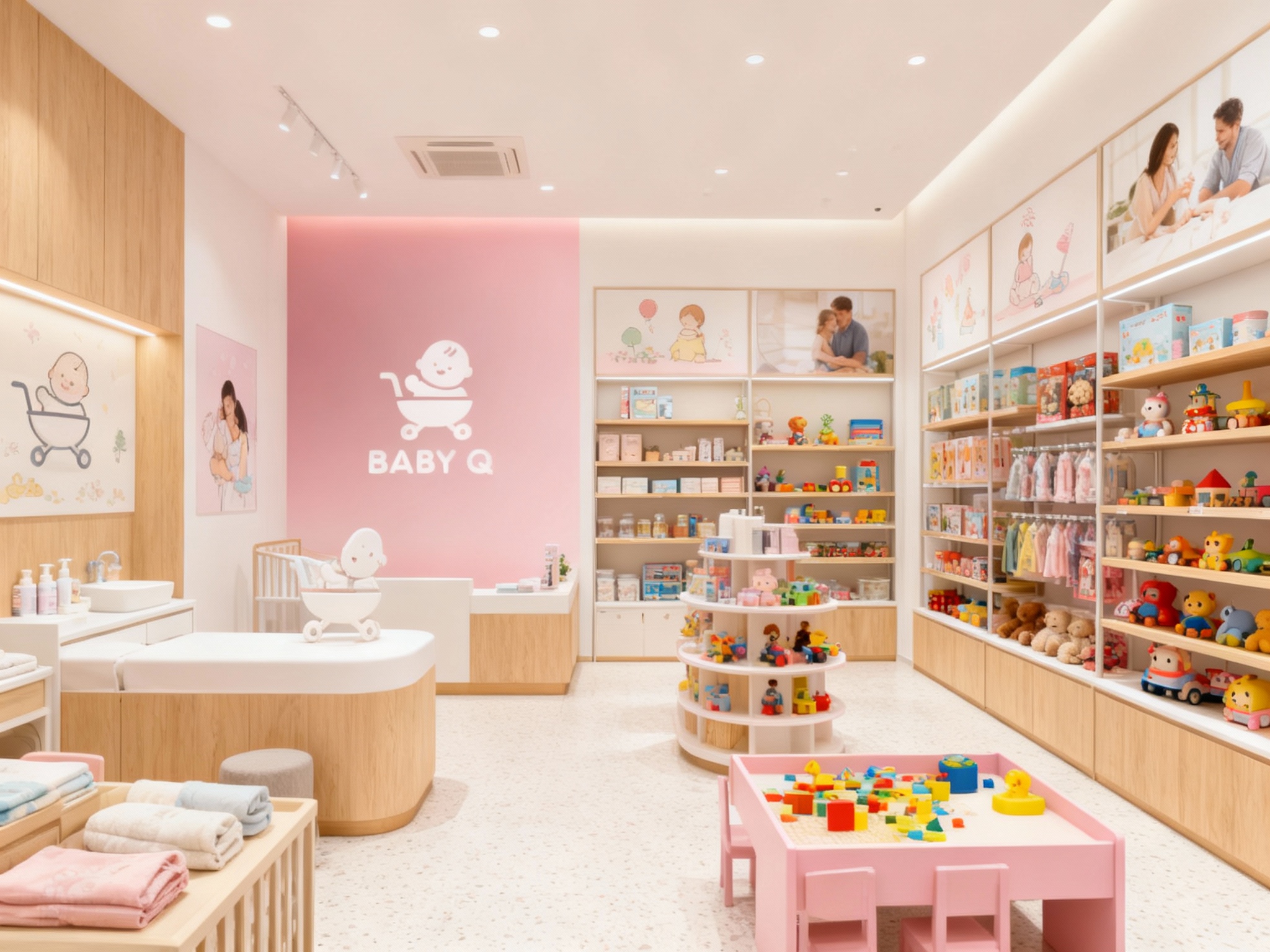 设计店内空间效果图，展示婴儿护理区、玩具展示区、亲子互动区，墙面装饰温馨插画或亲子摄影，运用原木色搭配柔和粉色材质，（将参考图中的LOGO）融入场景装修或物件中，光线明亮柔和，突出空间温馨感与现代质感。