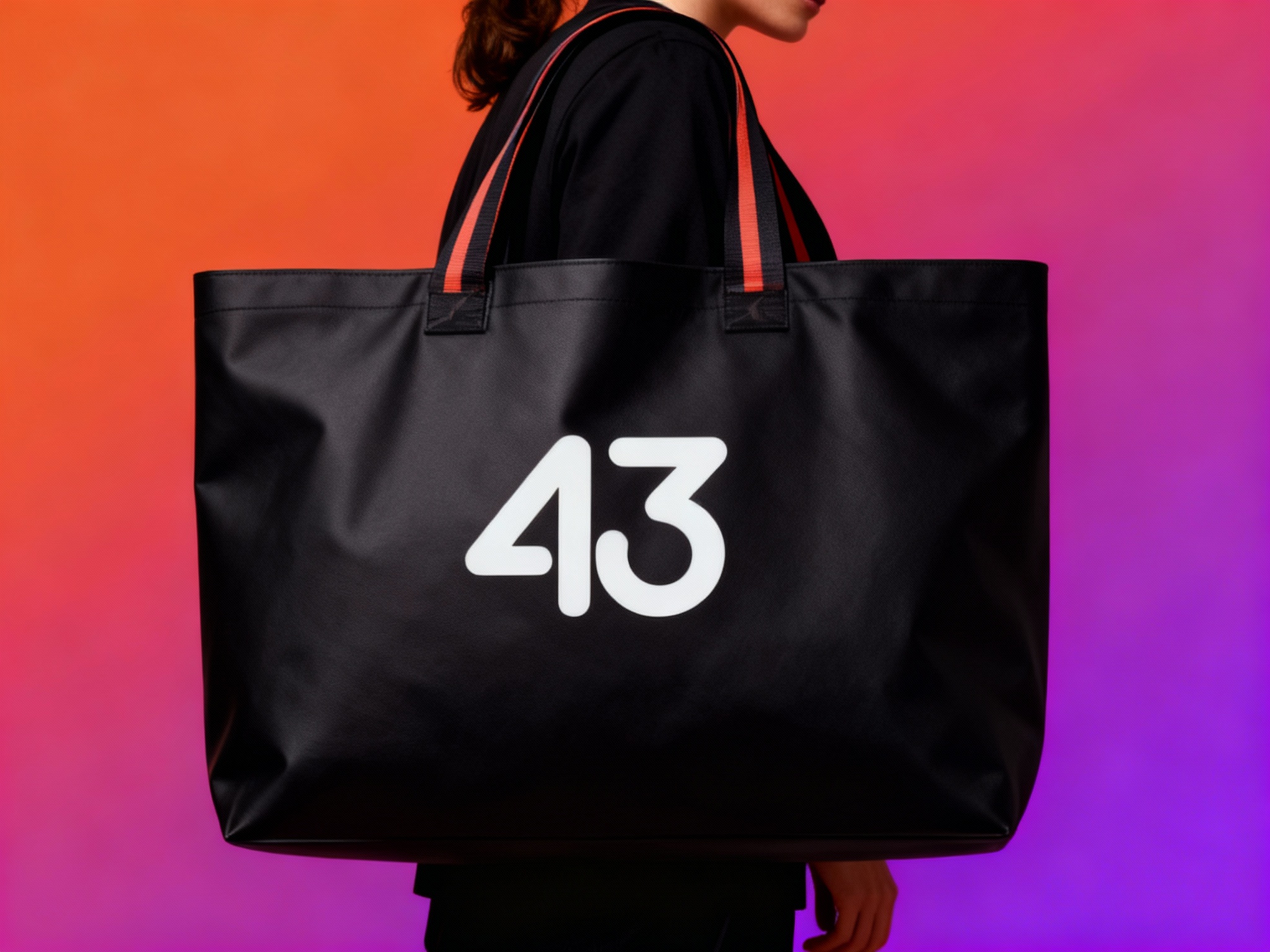 一个人背着黑色手提袋，品牌色肩带点缀（将参考图中的LOGO保持一致性不要变形）在手提袋上清晰可见，营造时尚、有品牌标识性的氛围，可展示潮流品牌的手提袋设计及实际使用效果。