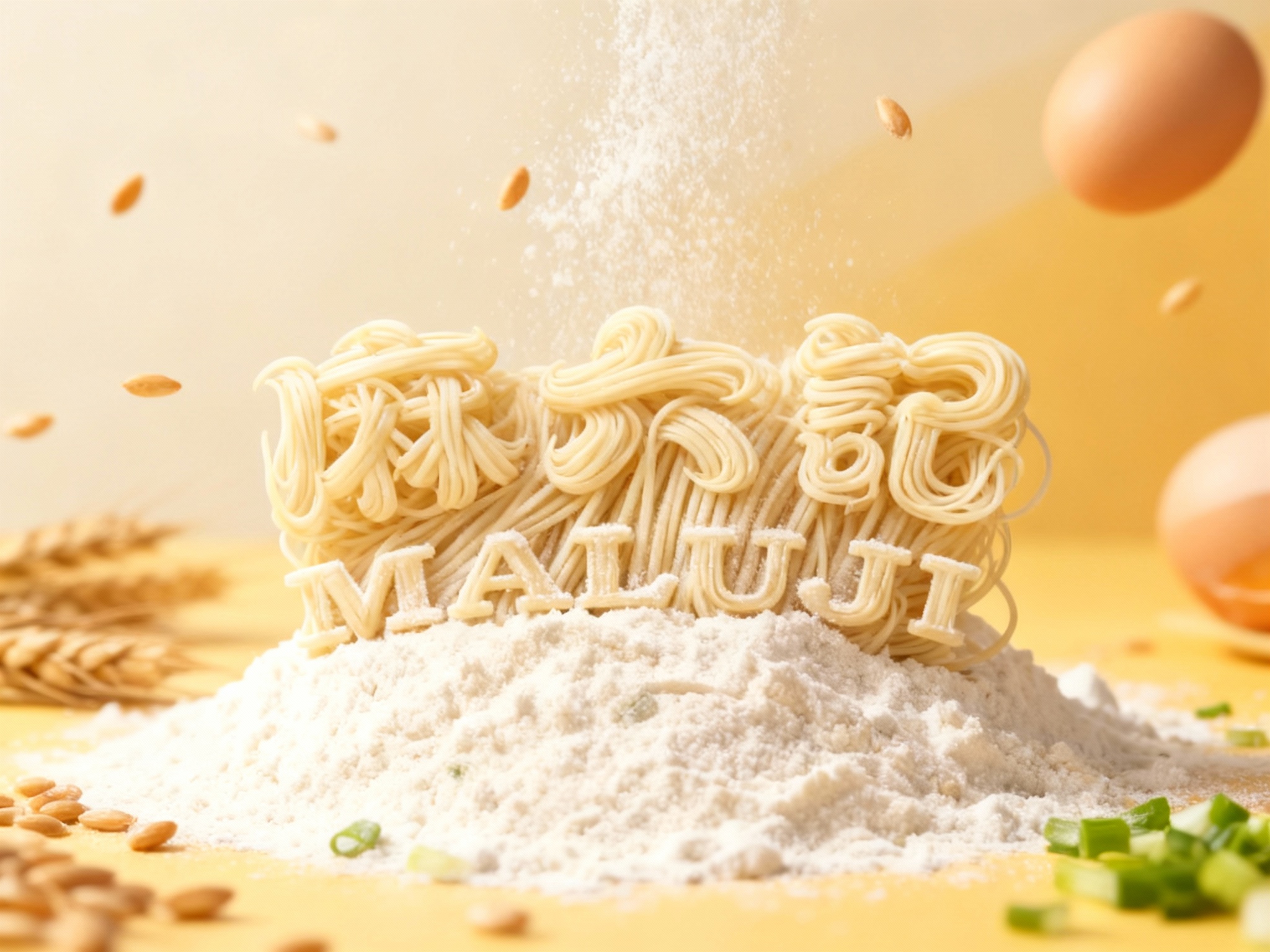 艺术创意品牌展示图。画面中心是（智能提取参考图中的LOGO主体并去除原背景），由无数根纤细的面条线条缠绕构成，或者呈现为撒落的面粉形成的图案。周围环绕着漂浮的麦粒、鸡蛋和葱花。背景是米色到暖黄色的柔和渐变。微距镜头，极具创意与视觉张力。